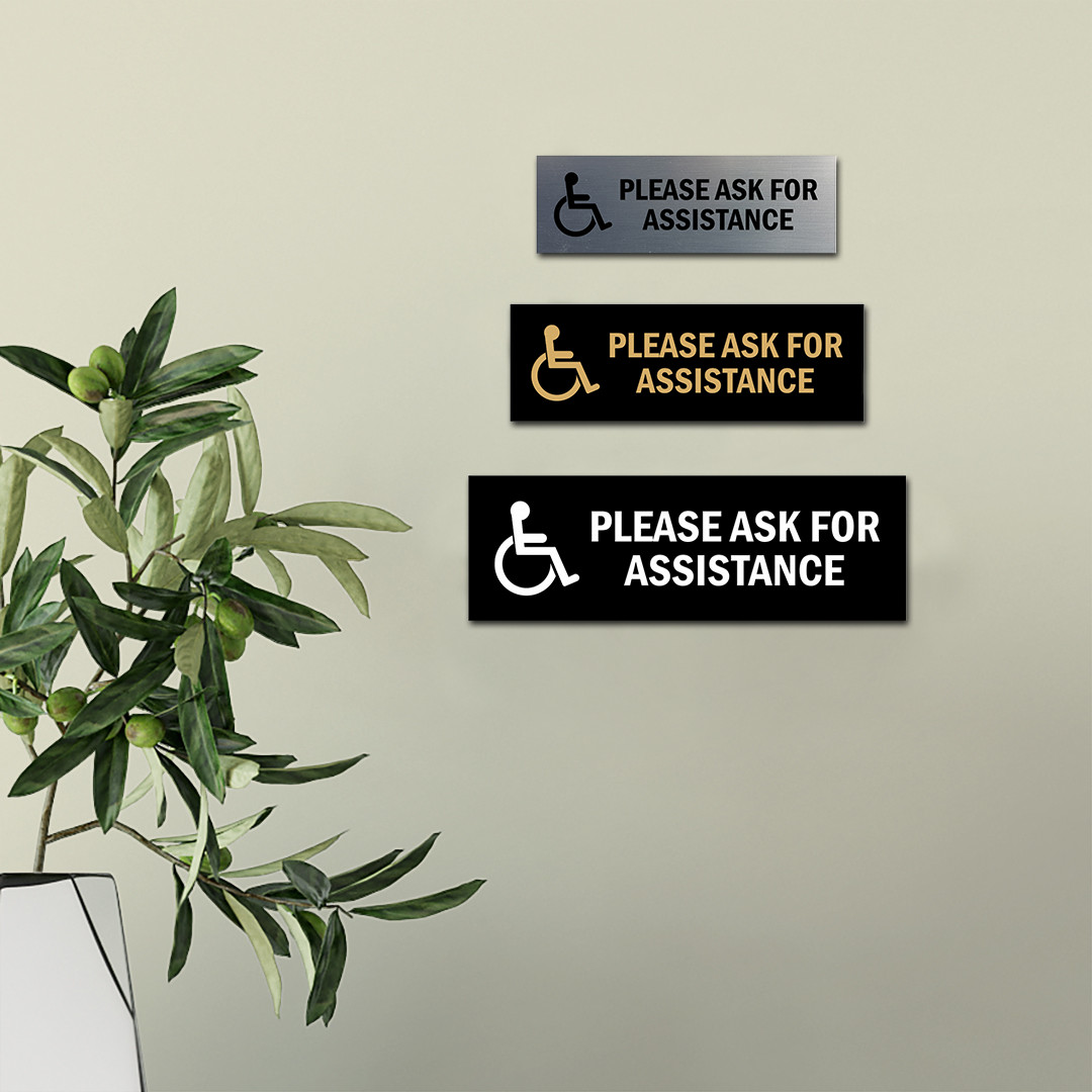 Basic Wheelchair Please Ask For Assistance Sign (Blue) – Large 3×9&Prime;