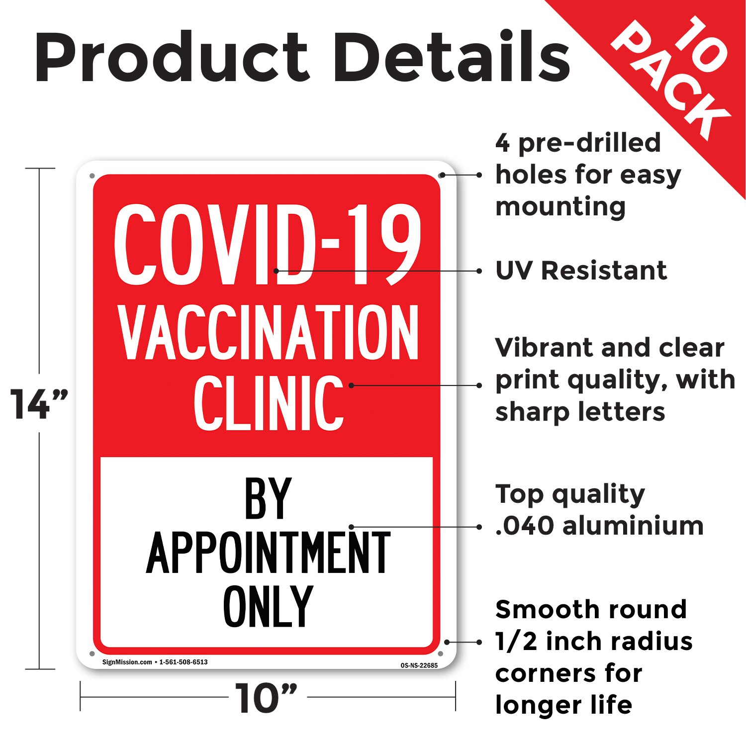 Covid-19 Vaccination Clinic by Appointment Only Public Safety Sign 5/10 Pack