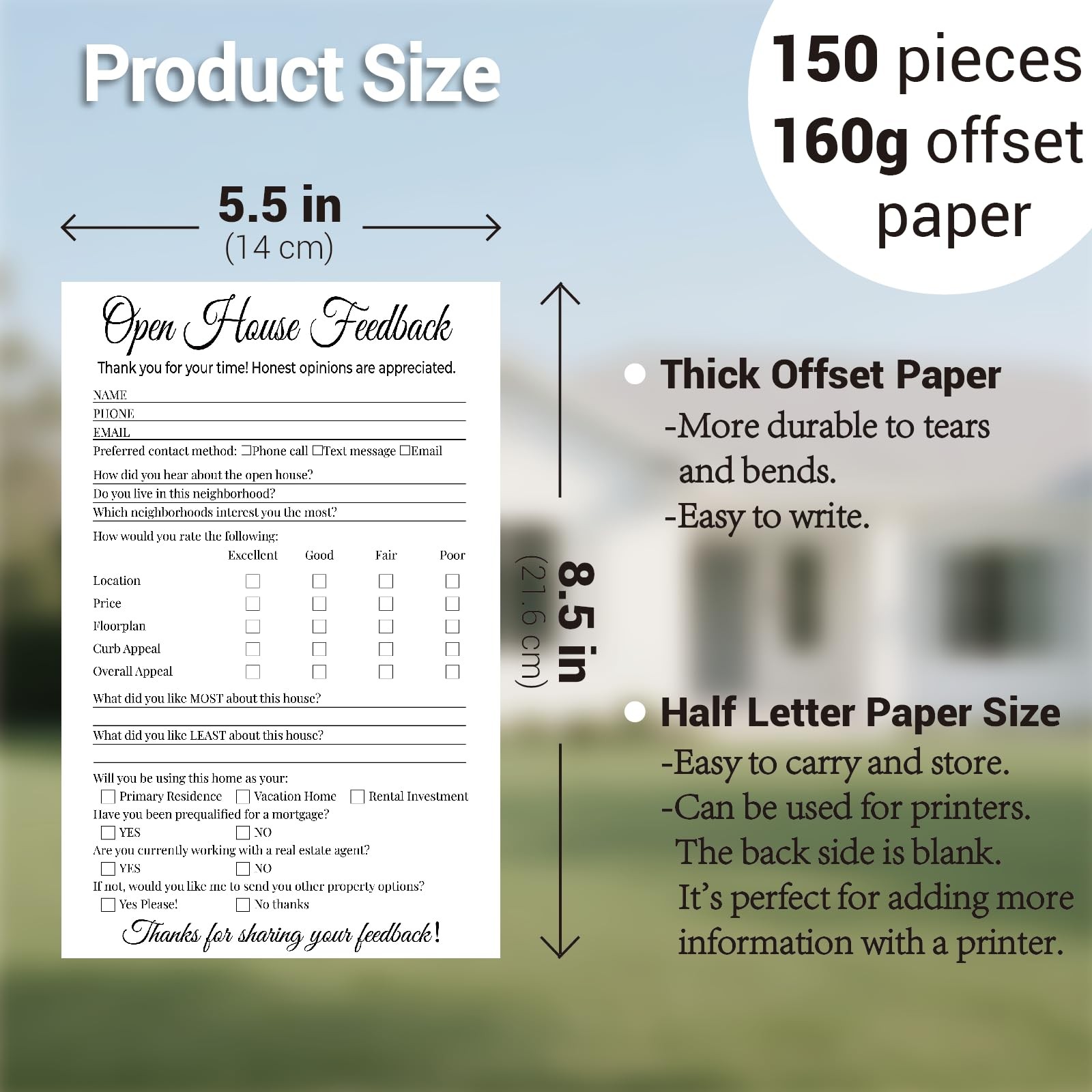 150 Piece Real Estate Open House Signs Questionnaire Feedback Notepad Kit