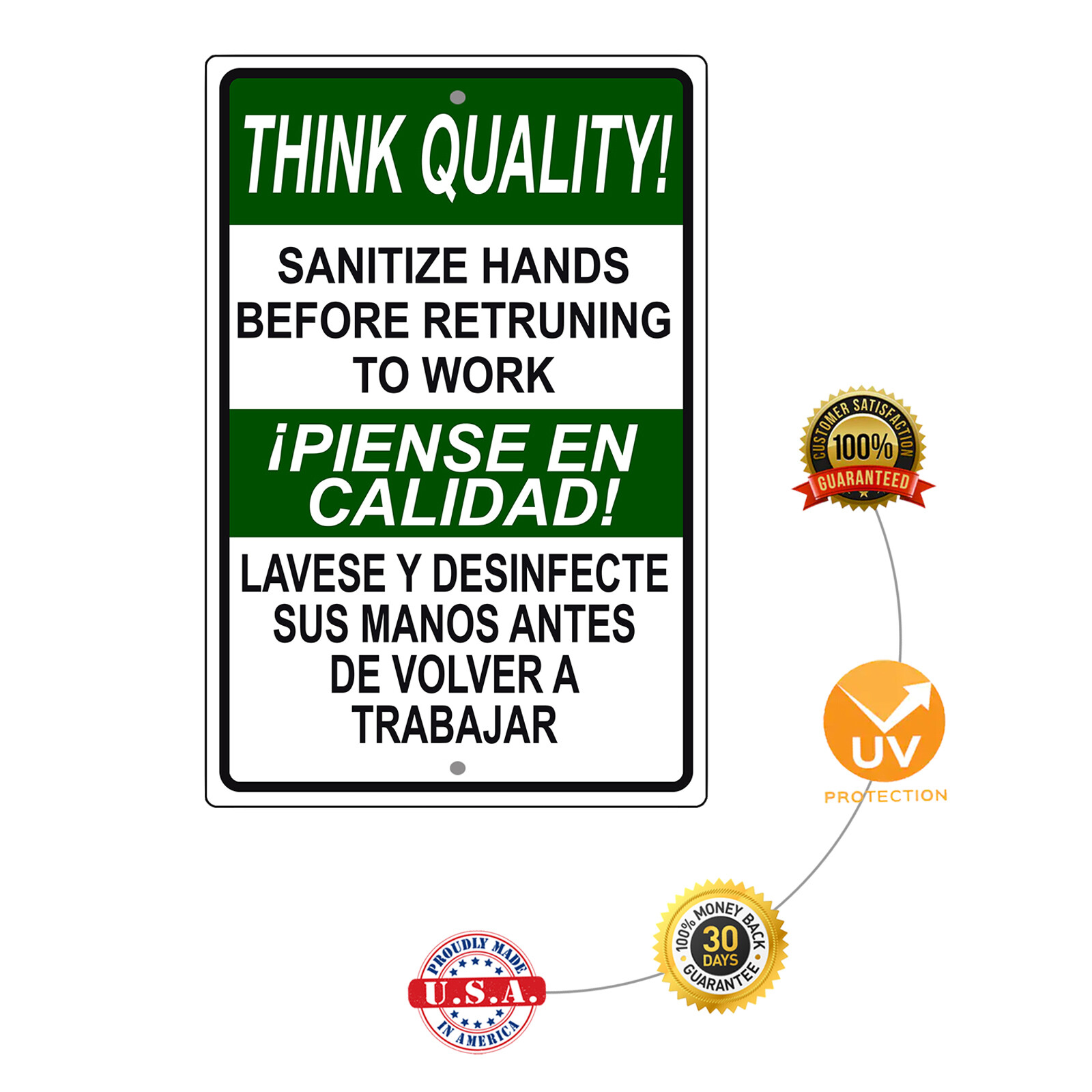 Think Quality Sanitize Hands Before Returning To Work Safety Aluminum Metal Sign