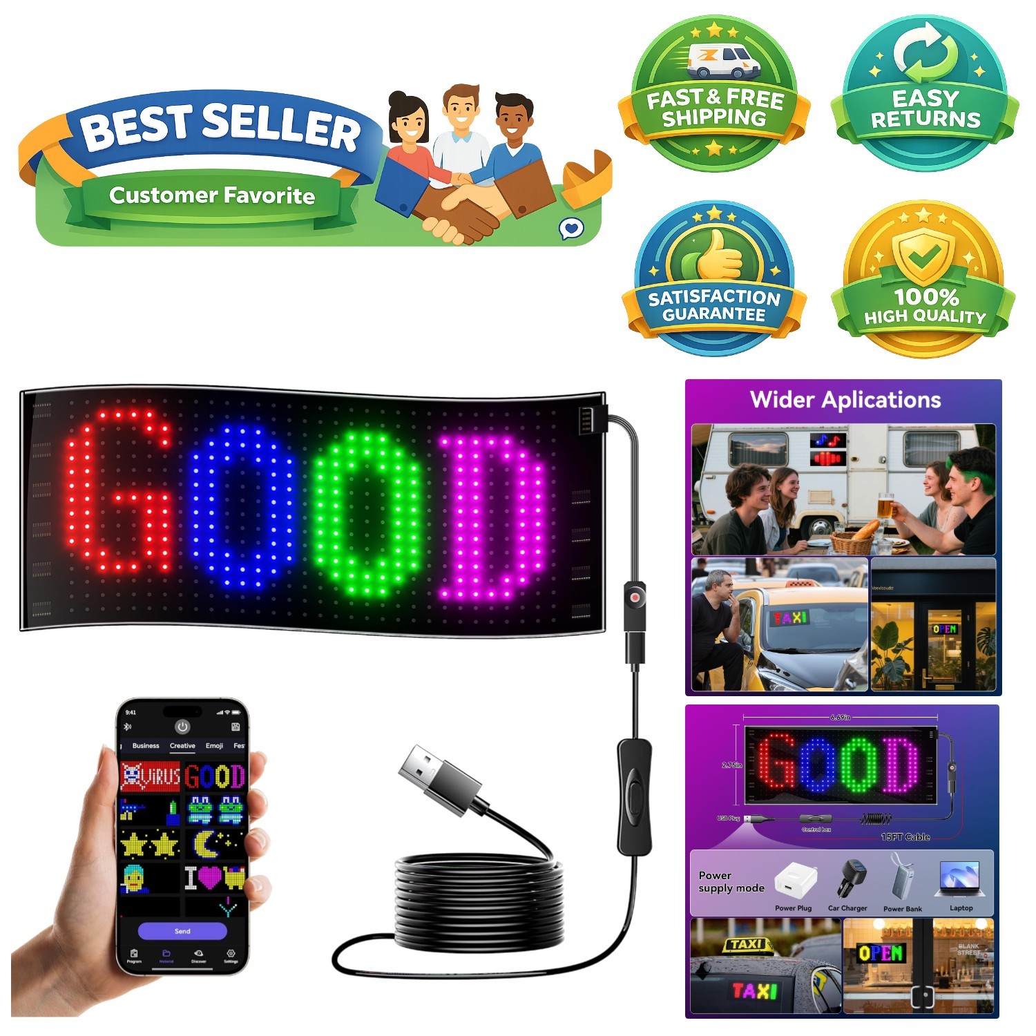 7 »x3 » Flexible LED Sign for Cars: Personalize with APP Control & DIY Features