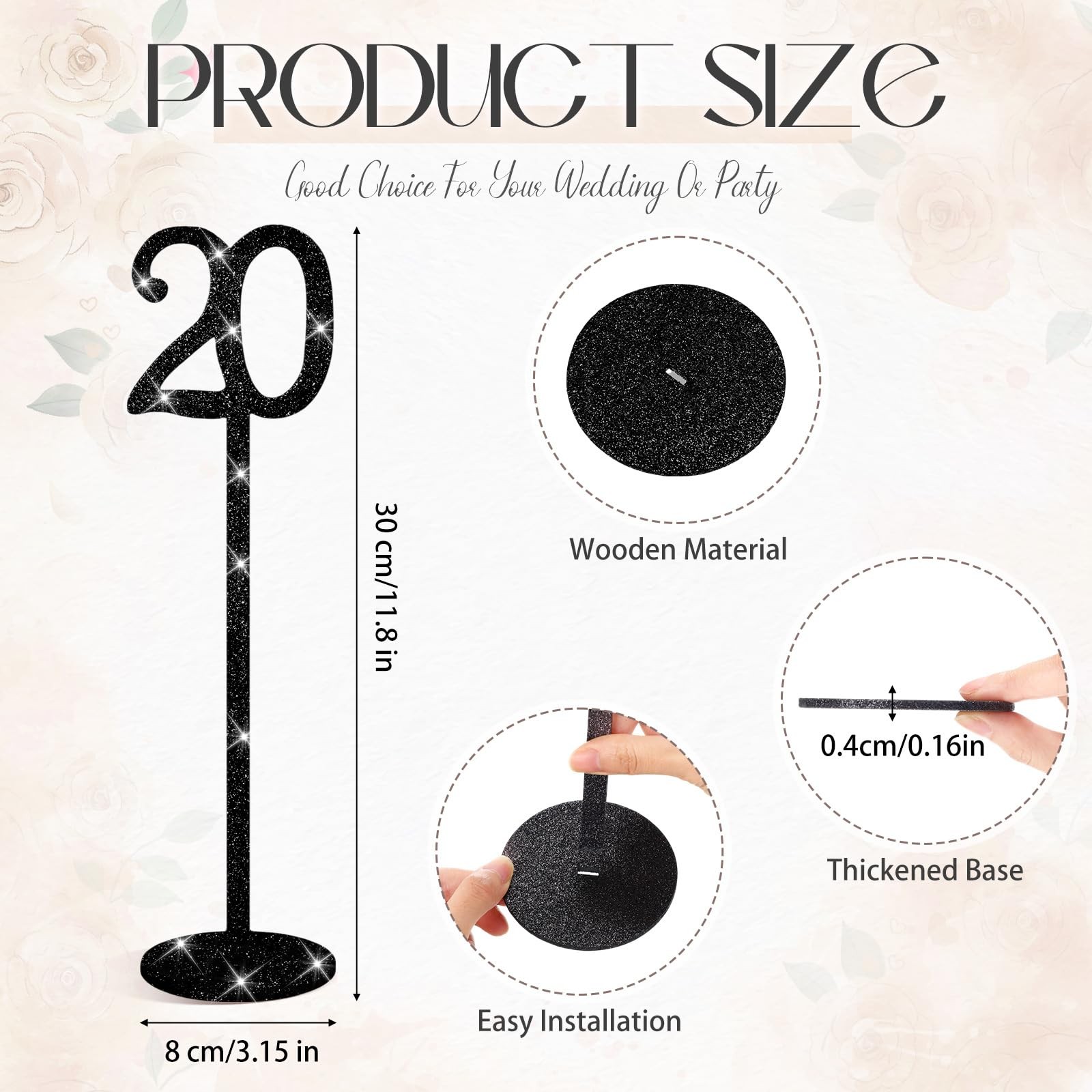 Black Glitter Wooden Wedding Banquet Event Table Number Sign With Base 20 PCS