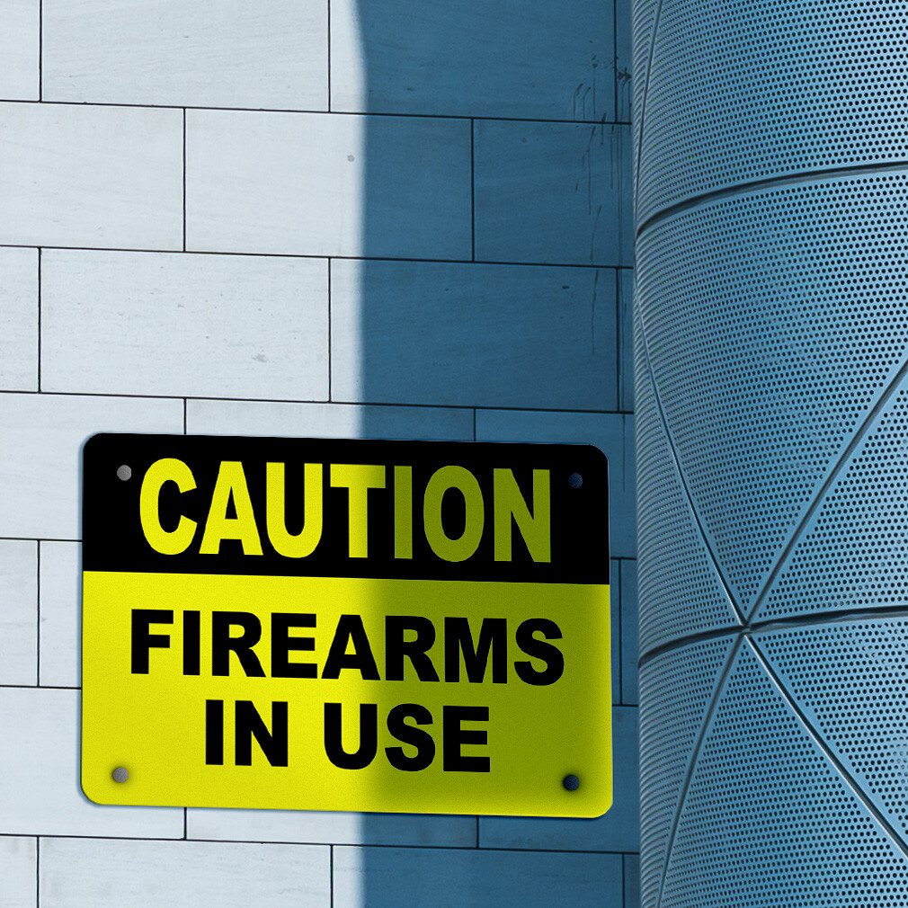 Horizontal Metal Sign Caution Firearms in Use Security Facility Property