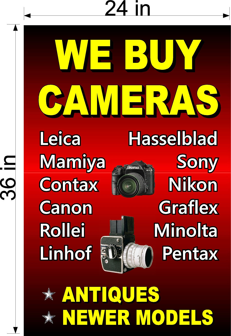 NEW! PERFORATED WINDOW VINYL DECAL 2&prime; X 3&prime; WE BUY CAMERAS NEW AND ANTIQUE
