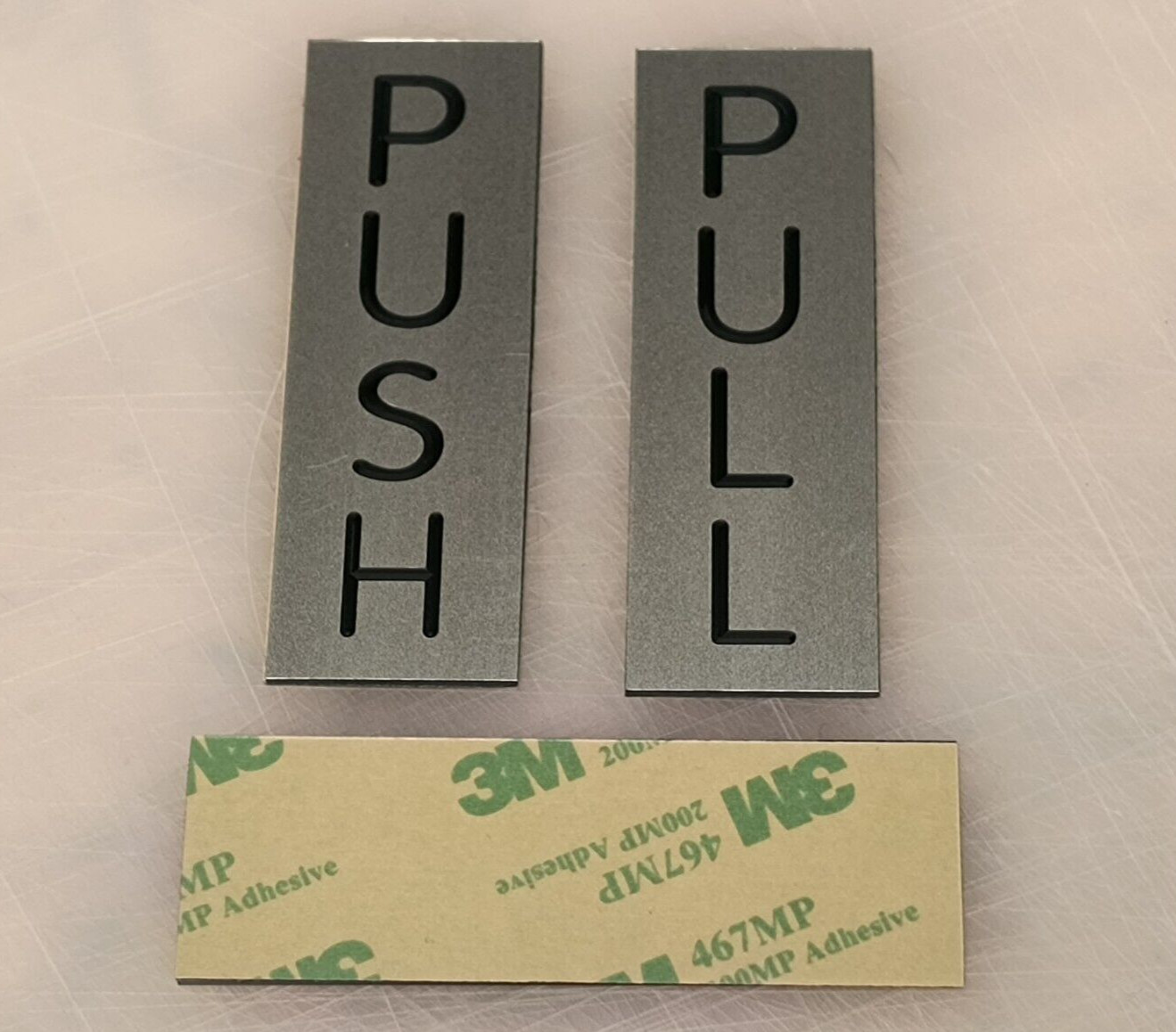 pair – Engraved PUSH and PULL Brushed Silver finish Vertical Door Signs 3&Prime;x1&Prime;