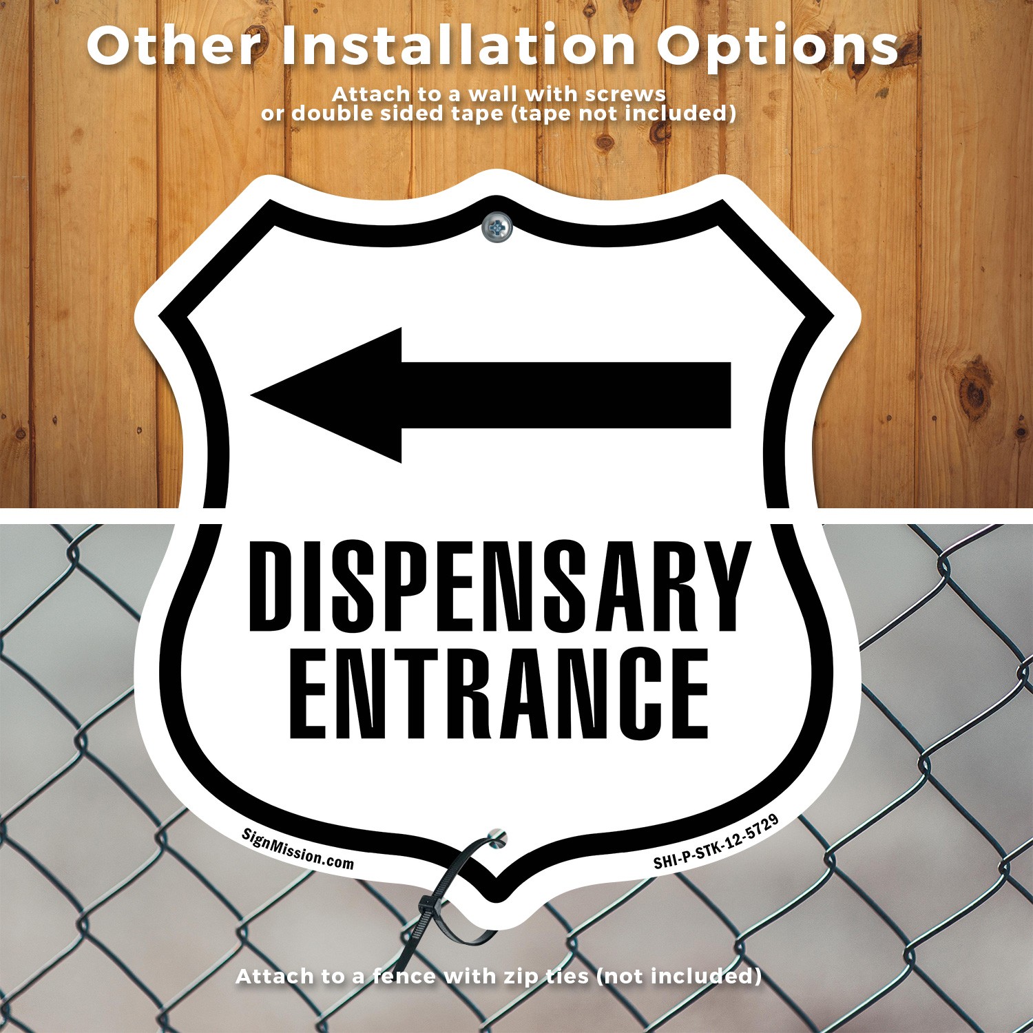 Dispensary Entrance Left Shield Shaped Sign With Stake Crafted in the USA
