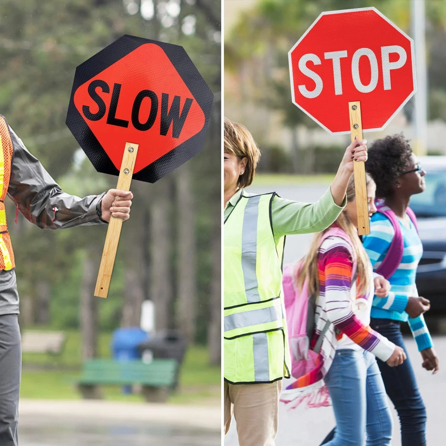 Stop Slow Sign with 13 x 13, Red – 2 Pack- 13&Prime; x Bamboo Handle