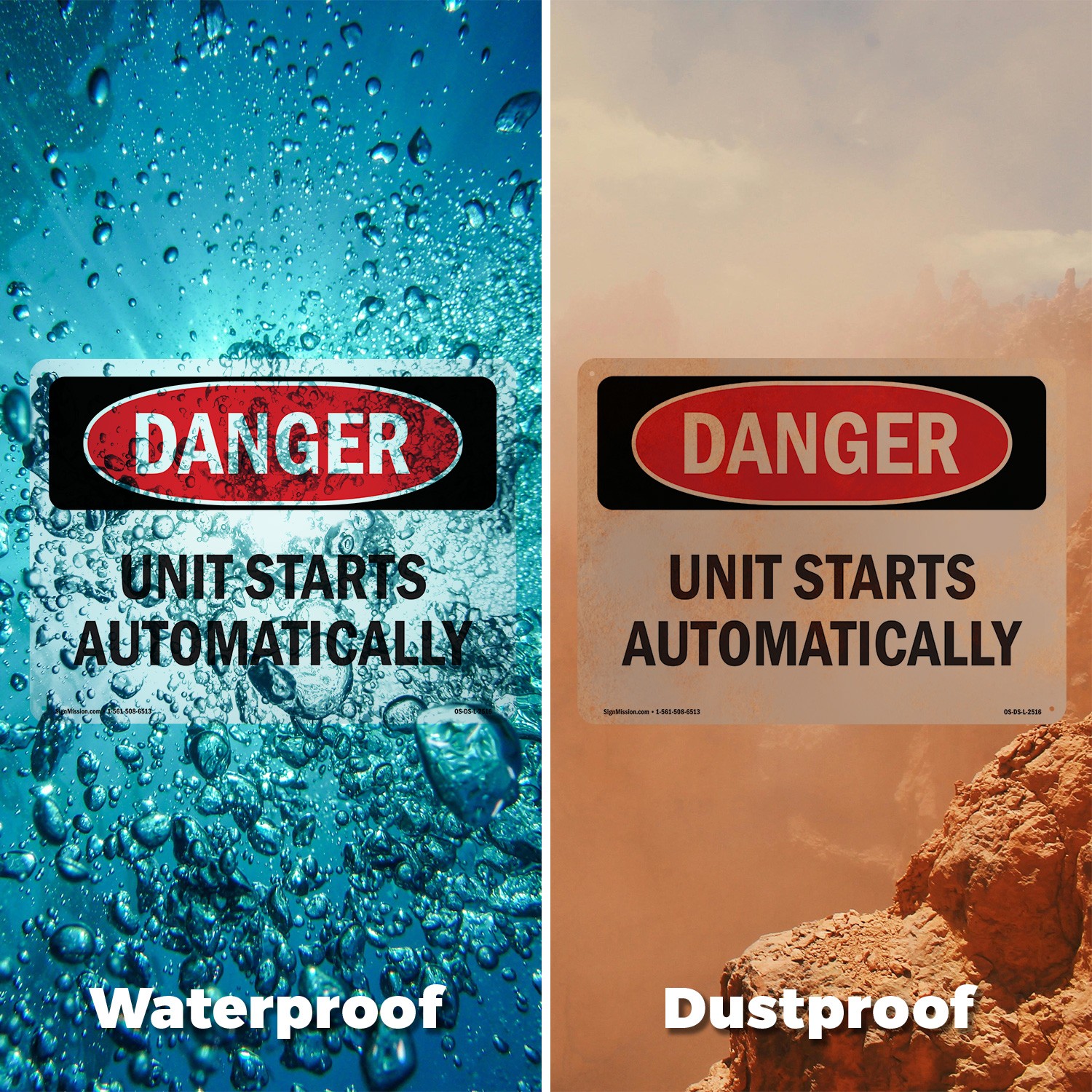Unit Starts Automatically OSHA Danger Sign Metal Plastic Or Decal – 5 or 10 Pack