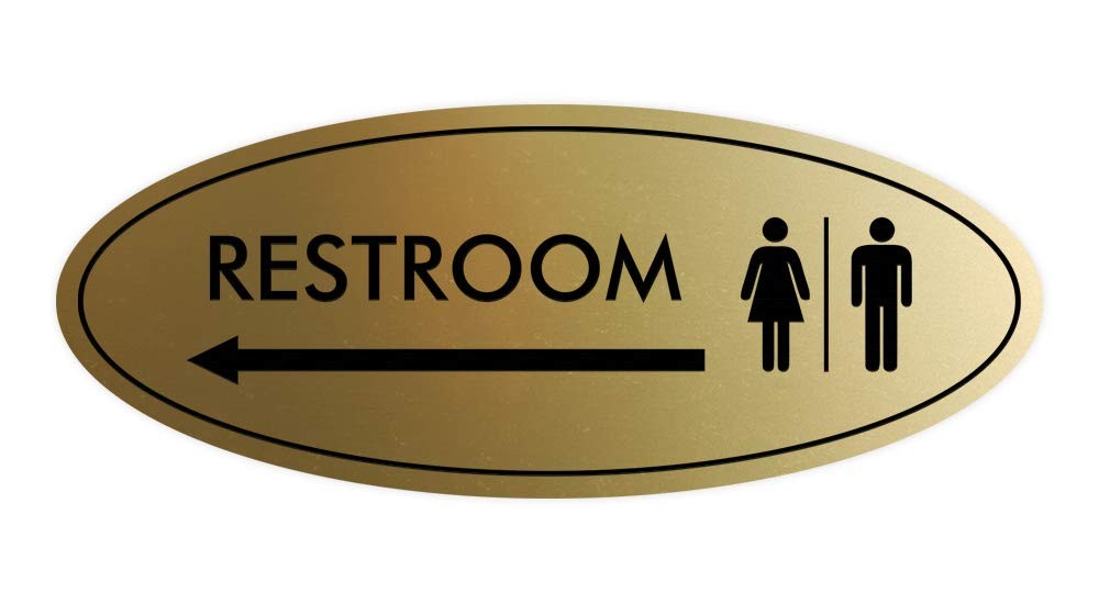 Oval Restroom Left Arrow Sign Large Brushed Gold Wall Mount Bathroom Plaque
