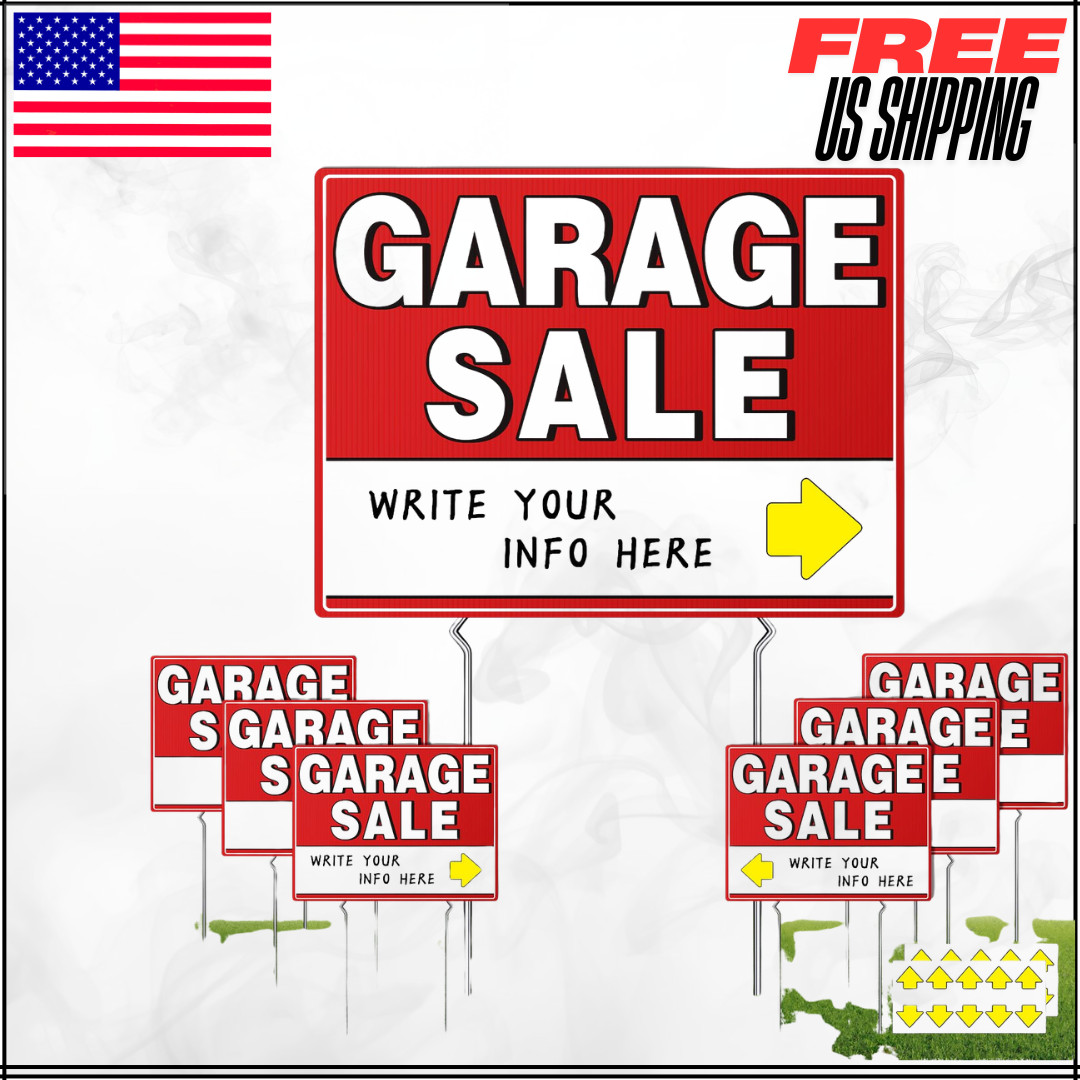Garage Sale Sign Metal Stakes Yard Double Sided Arrow Stickers Weather Proof 7PC