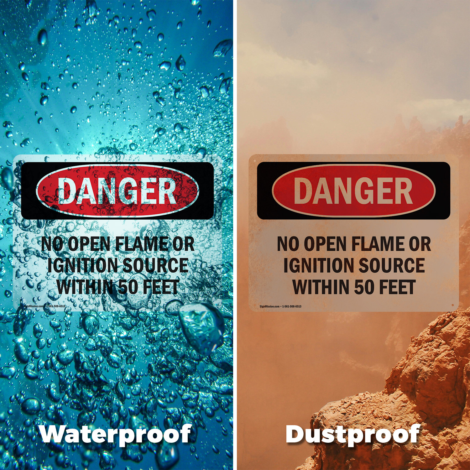 (2 Pack) No Open Flame Or Ignition Source Within 50 Feet OSHA Danger Sign Decal