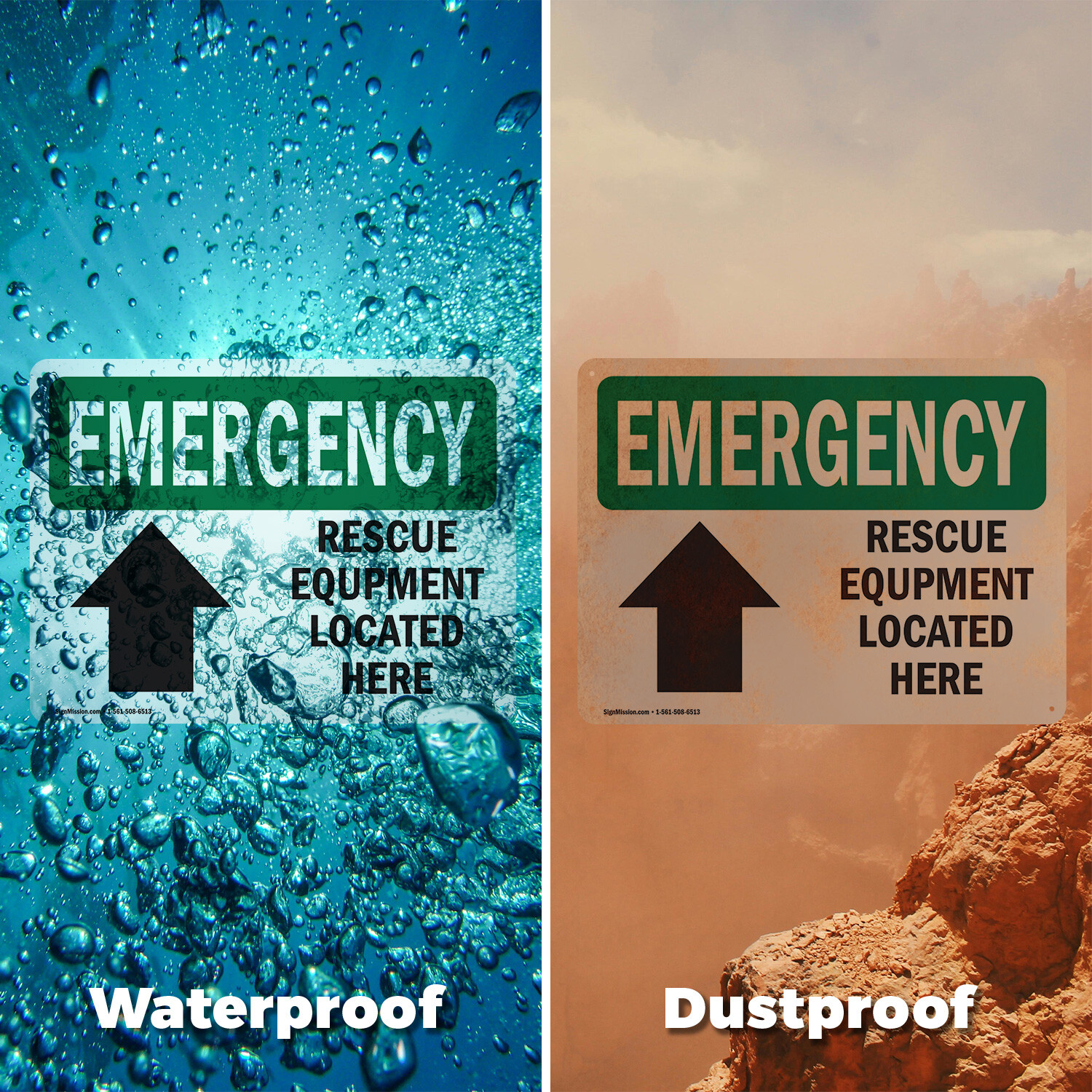 (2 Pack) Rescue Equipment Located Here OSHA Emergency Sign Decal Metal Plastic