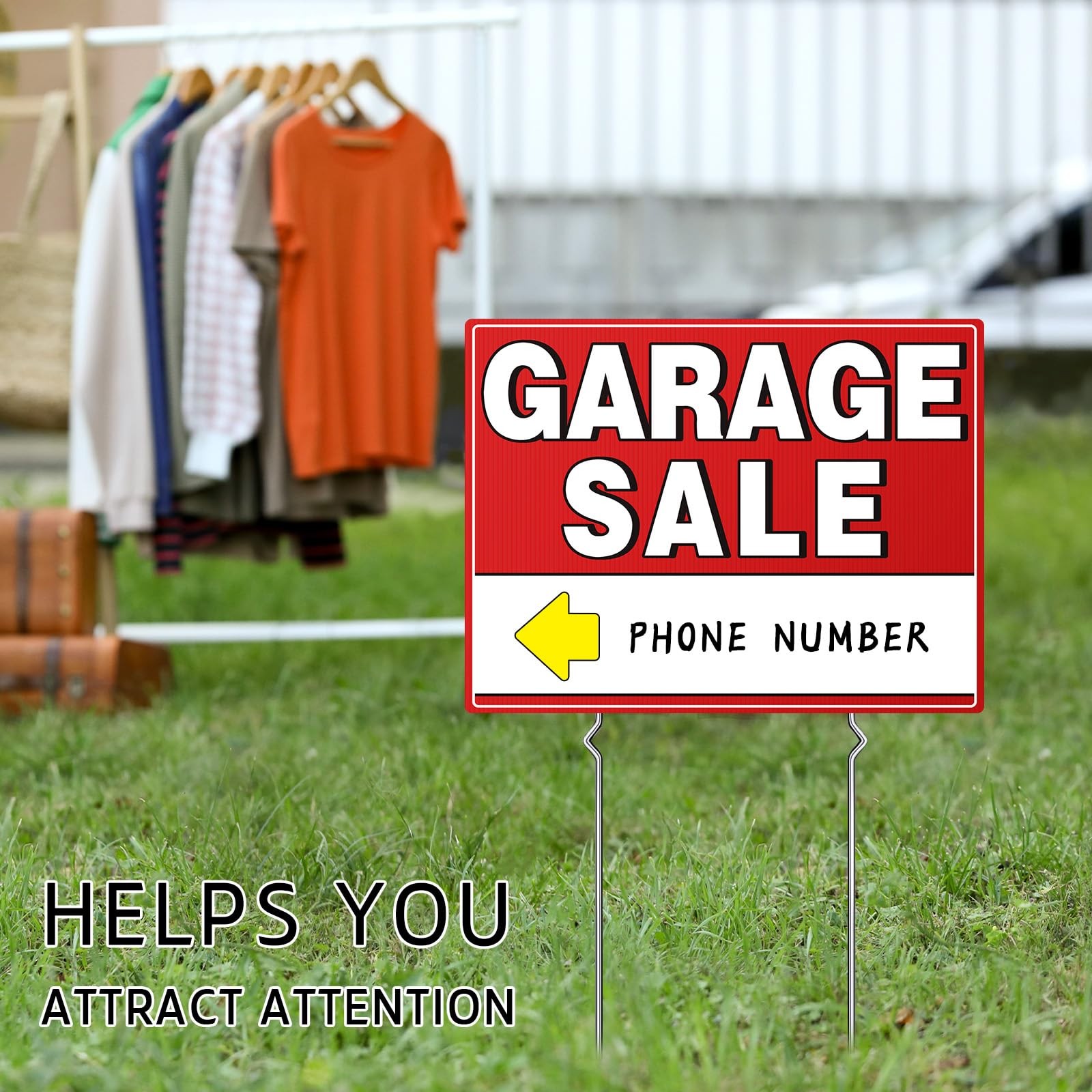 7 Pcs Garage Sale Sign With Metal Stakes, 17&Prime; x 13&Prime;, Double-Sided With 20 Dir…