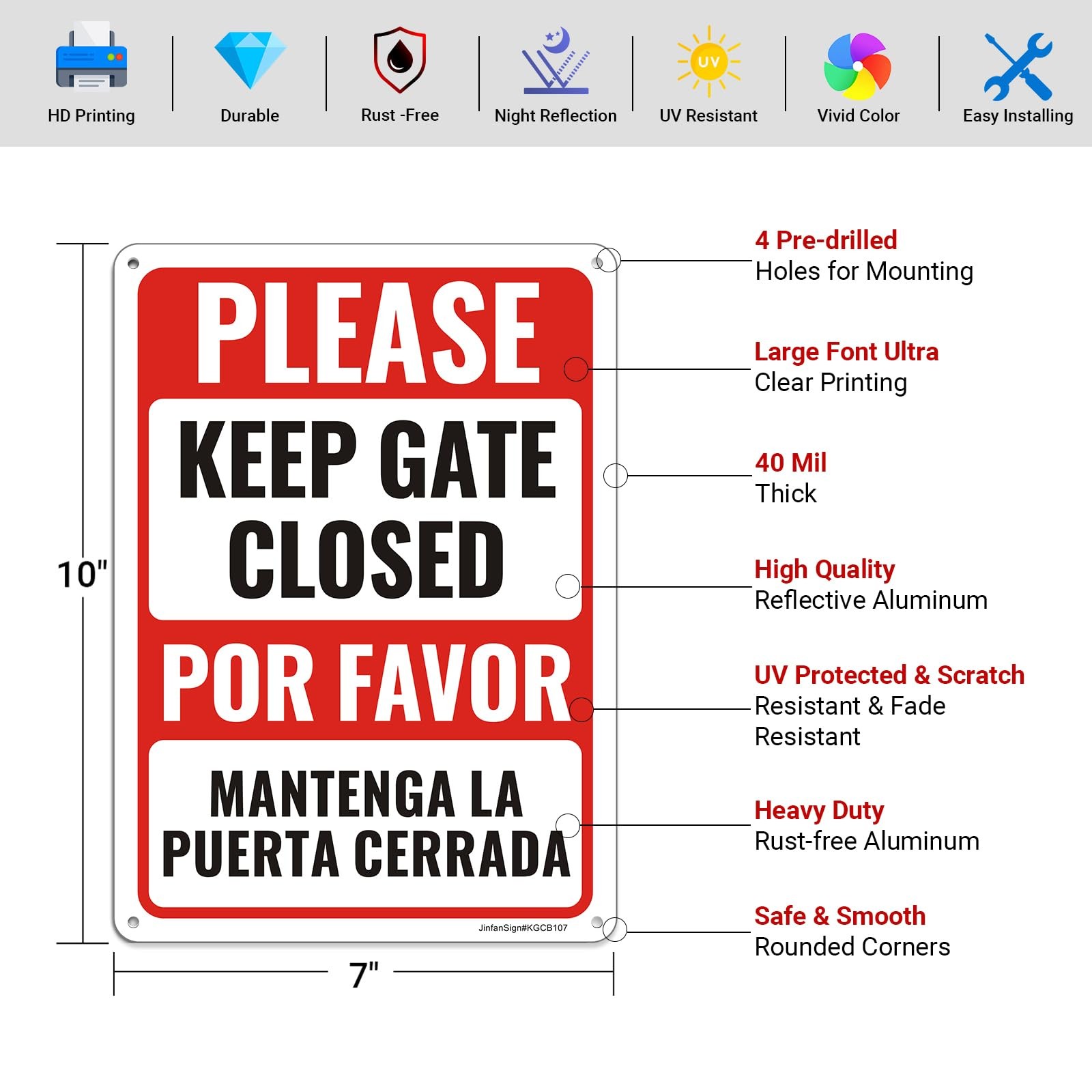 Bilingual English Spanish Keep Gate Closed Reflective Aluminum Sign 2 PCS