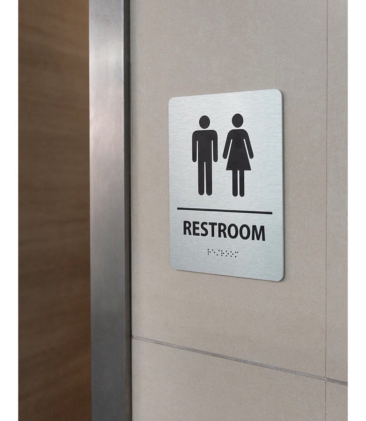 Unisex Restroom Sign with Braille, GDS Brushed Silver 8×6&Prime; ADA Compliant New