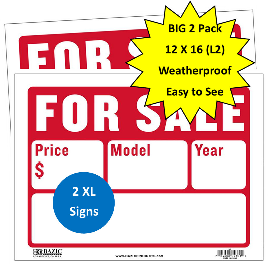 For Sale Sign Car, Auto, RV. or Boat Sales (2-Line) EXTRA LARGE 12×16
