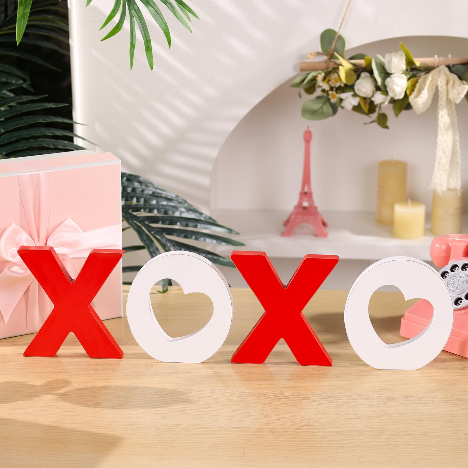 4 PCS Valentines Day Wooden XOXO Tabletop Tiered Tray Decoration Home