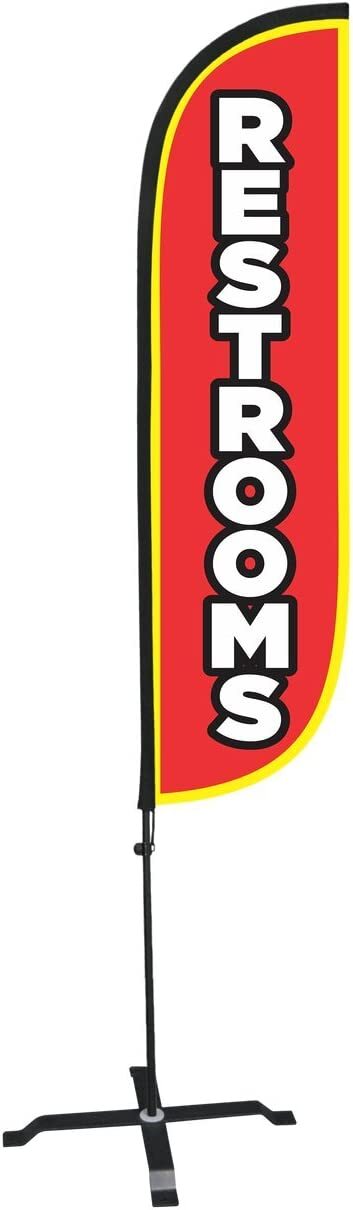 NIB LookOurWay Restrooms Red Feather Flag Event Sign Set Poles Base, 5 Foot 5&prime;