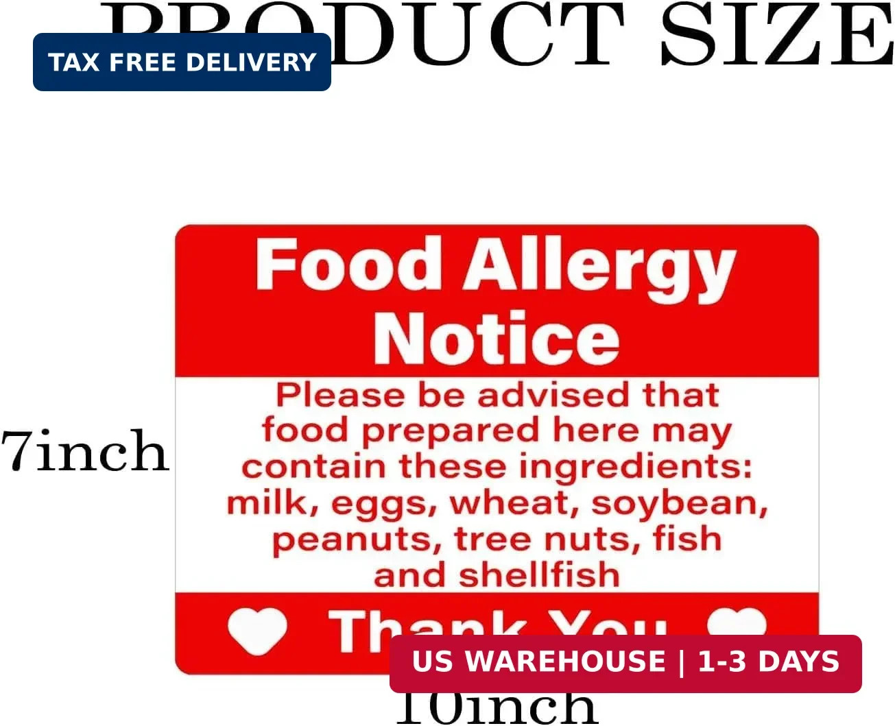 5 Pack Food Allergy Notice Sign 10×7 Inches Caution Warning Sticker Food Allergy