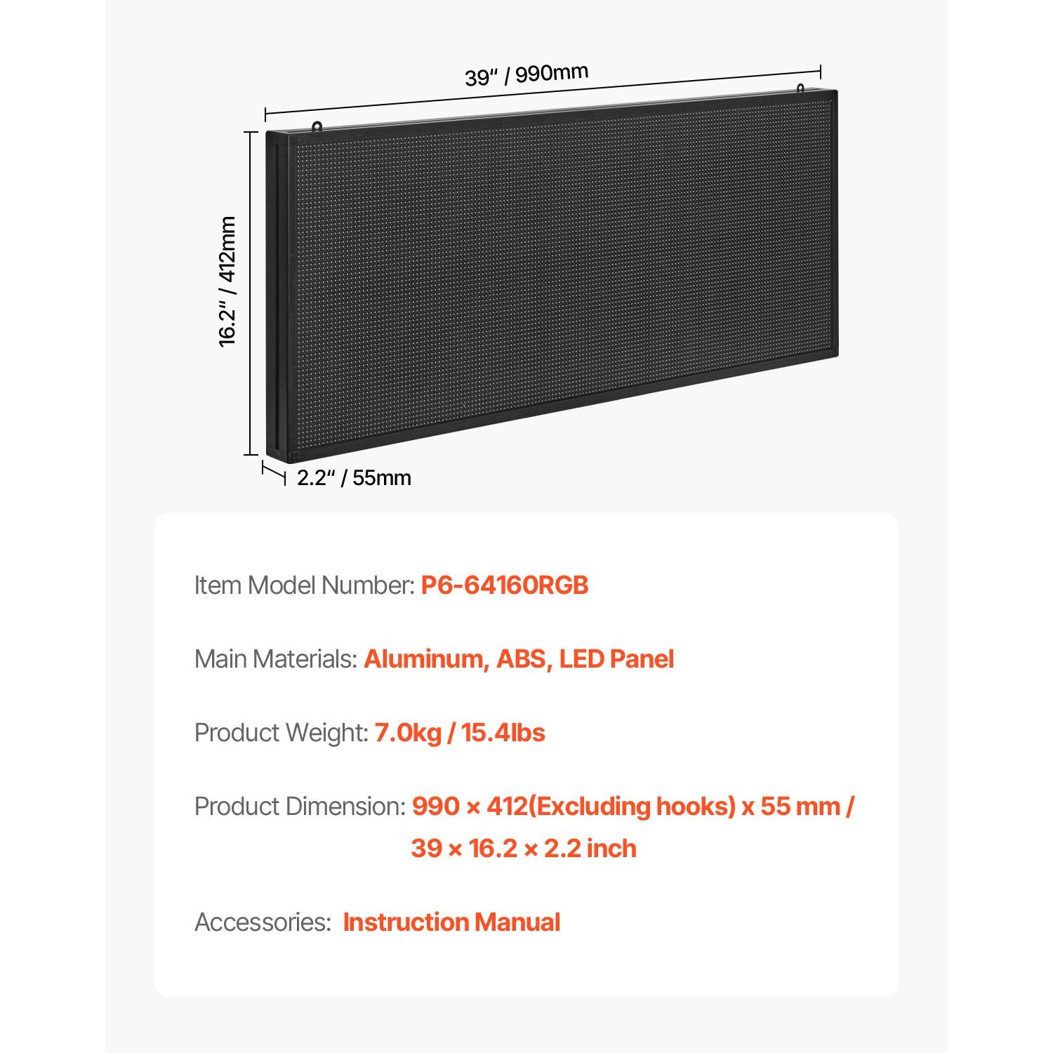 P6 Full-Color LED Sign 40x18in, Bluetooth APP Control, IP65 Waterproof