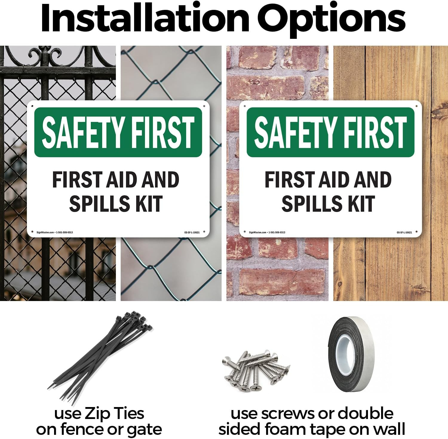 First Aid and Spills Kit OSHA SAFETY FIRST Rigid Plastic Sign 18 Inch X 12 Inch
