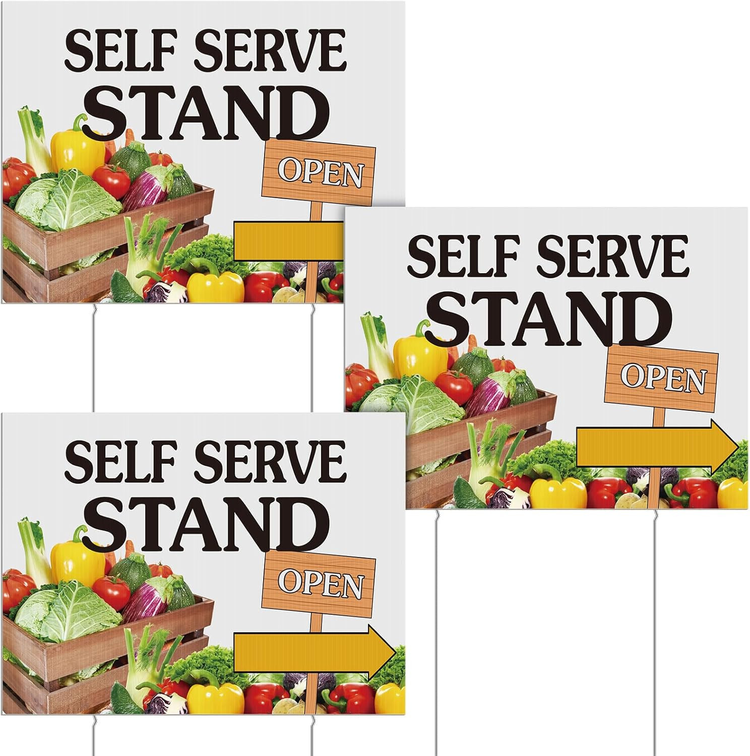 3 Pcs Self Serve Stand Sign with Metal Ground Stakes 12 X 16 Inch Vegetable Sign