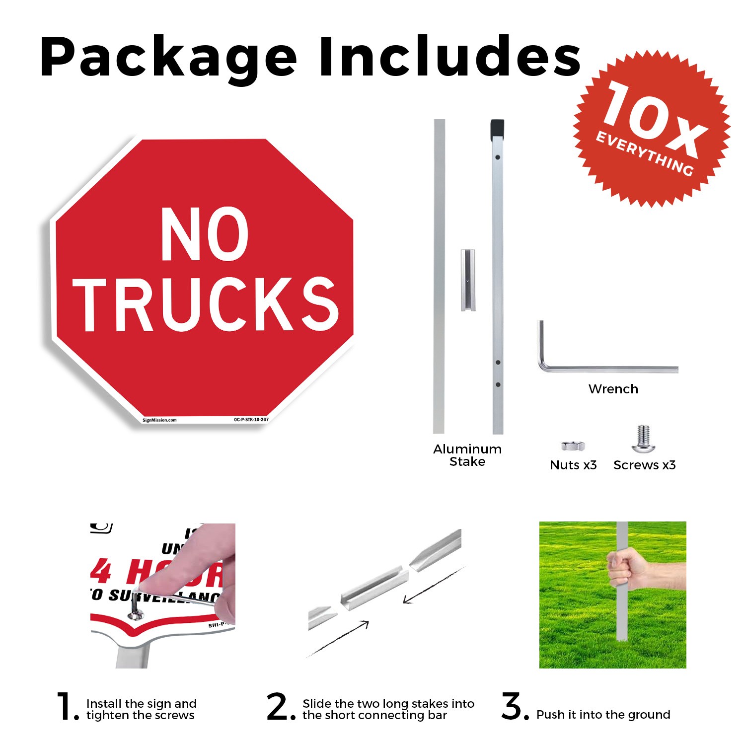 No Trucks Octagon Sign With Stake Weather Resistant UV Protected Made in the USA