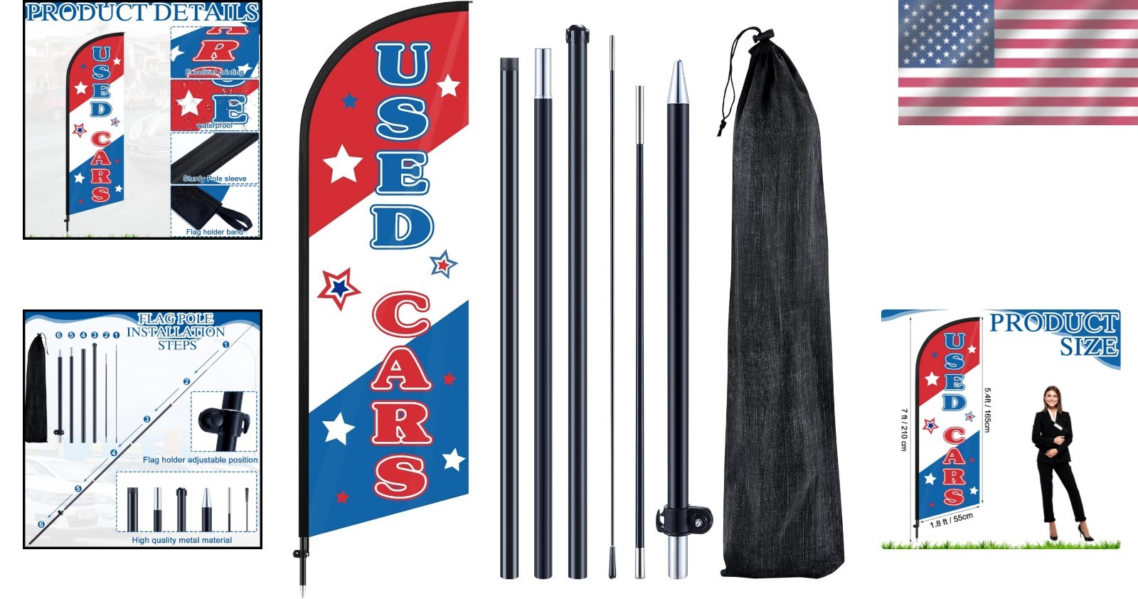 Durable 7 ft Used Cars Feather Flag Kit with Pole and Base for Outdoor Promo