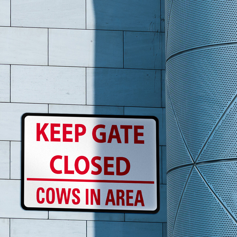 Horizontal Metal Sign Keep Gate Closed Cows in Area Red Color Farm Warning