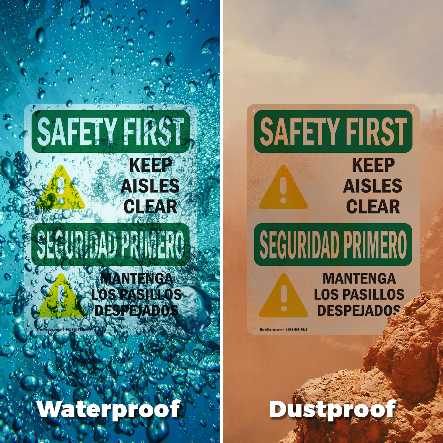 (2 Pack) Keep Aisles Clear Bilingual OSHA Safety First Sign Decal Metal Plastic