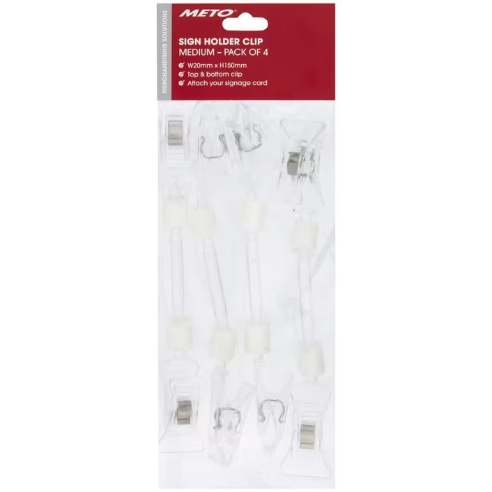 NEW 4PCS Meto Double Clip Sign Holder Medium Clear For Retail Display & Signage