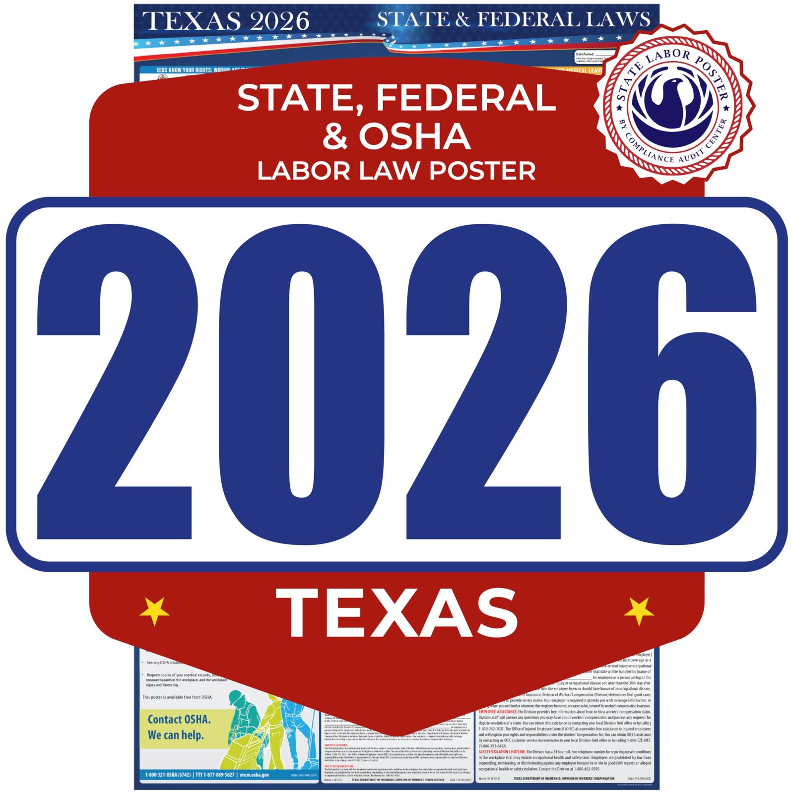 2026 Texas State & Federal Mandatory Labor Law Poster, OSHA Compliant English