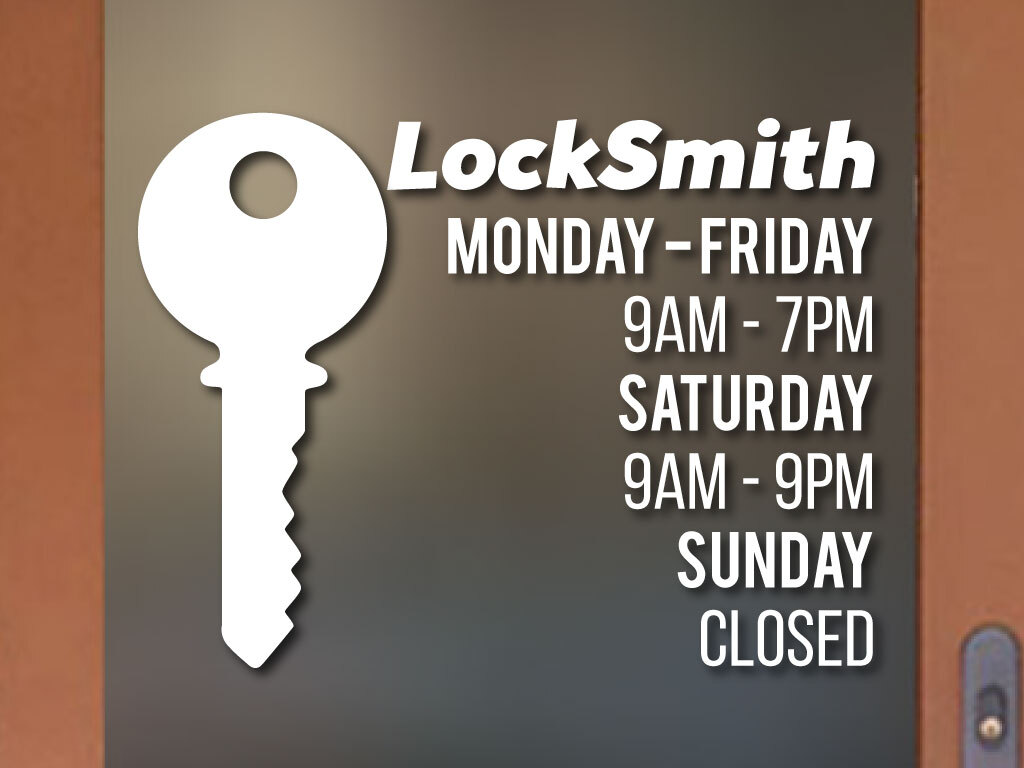 LOCK SMITH KEY BUSINESS HOURS COLORS and Sizes PERSONALIZED Sign Store Decal