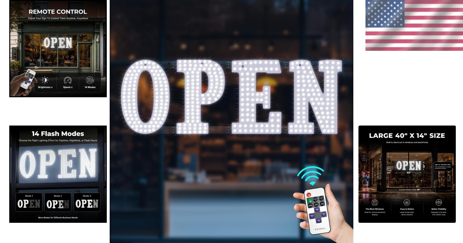 Large LED Open Sign 40&Prime;x14&Prime; Remote Control 14 Modes Ultra Bright Storefront