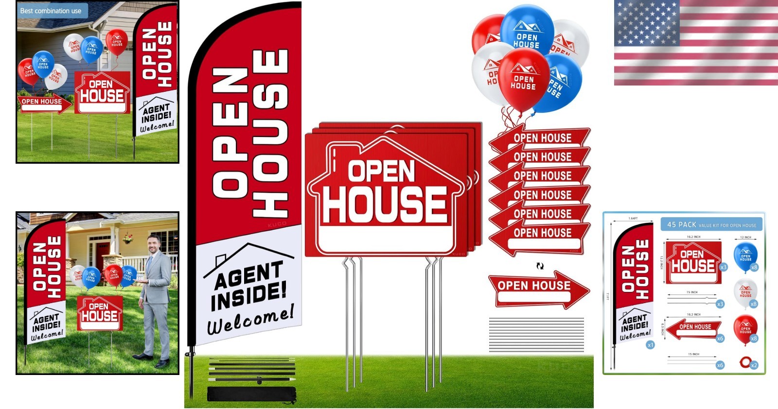 Open House Signs Kit (45 Pcs), 1 Pack Open House Flag, 9 Pack Open House Signs f