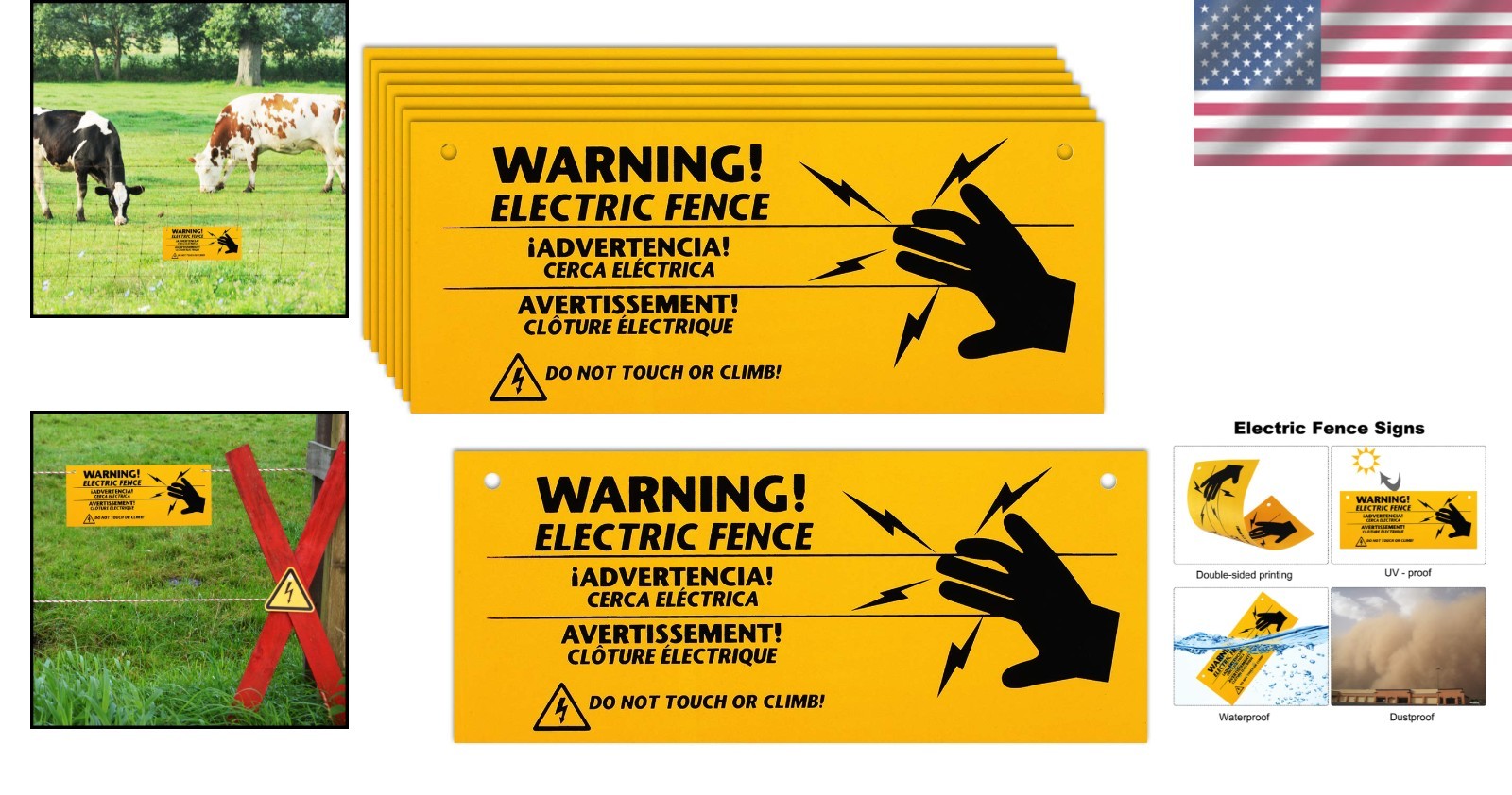 8 Pack Electric Fence Warning Signs 10X4 Yellow Black Durable Safety Signage