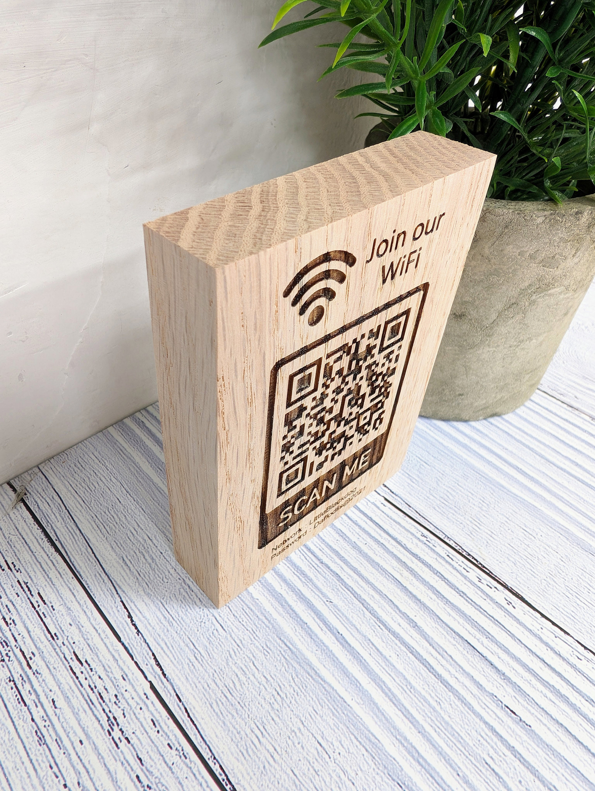 WiFi QR Code Oak Sign, Freestanding WiFi Sign – Hotel Guestroom – Password Sign