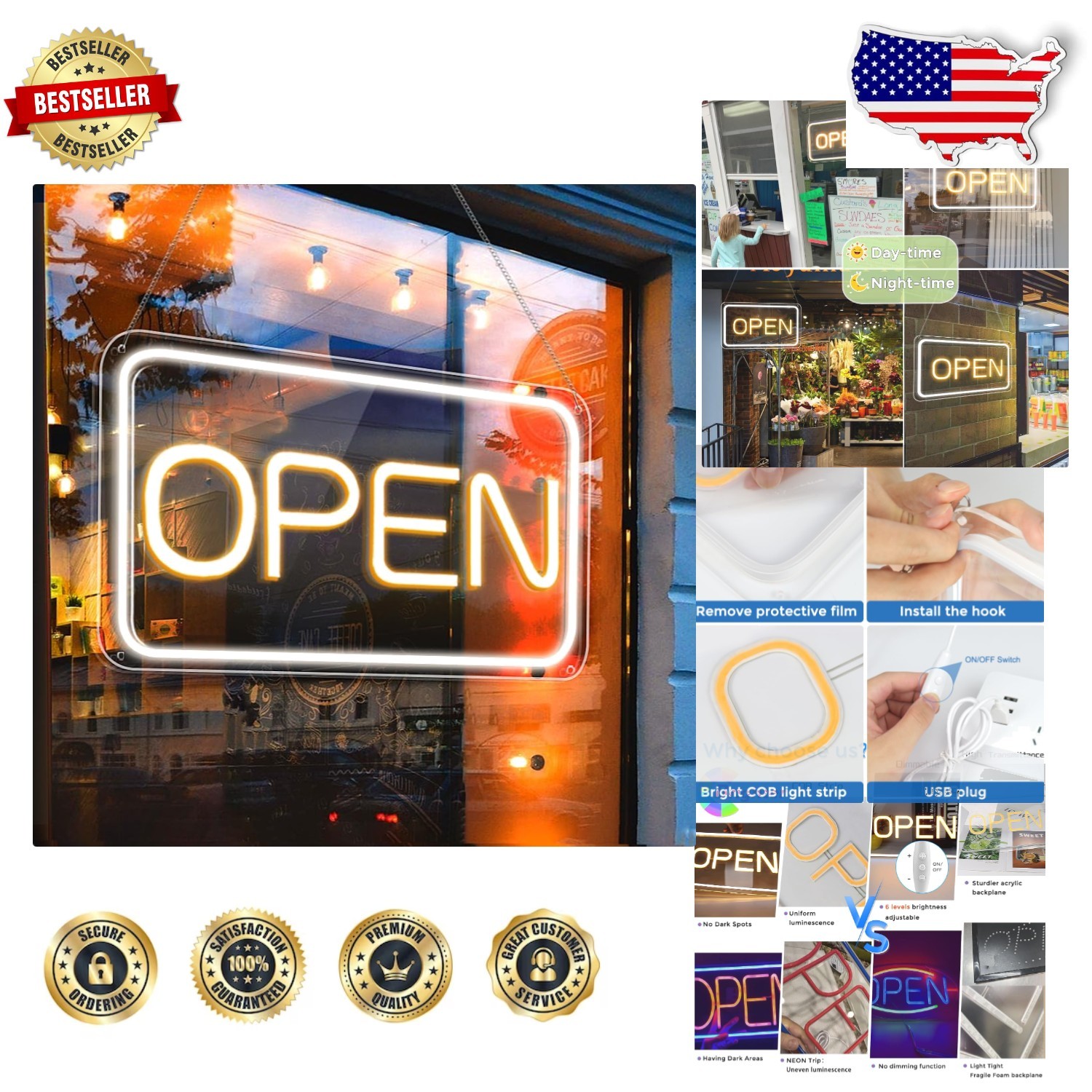 High-Quality Neon Open Sign 16&Prime; Landscape Yellow White Business Display