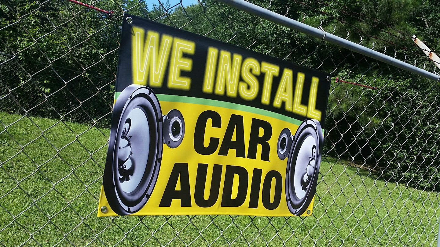 24&Prime;x36&Prime; WE INSTALL CAR AUDIO Banner Display Open Sign Flag Speakers Auto Service
