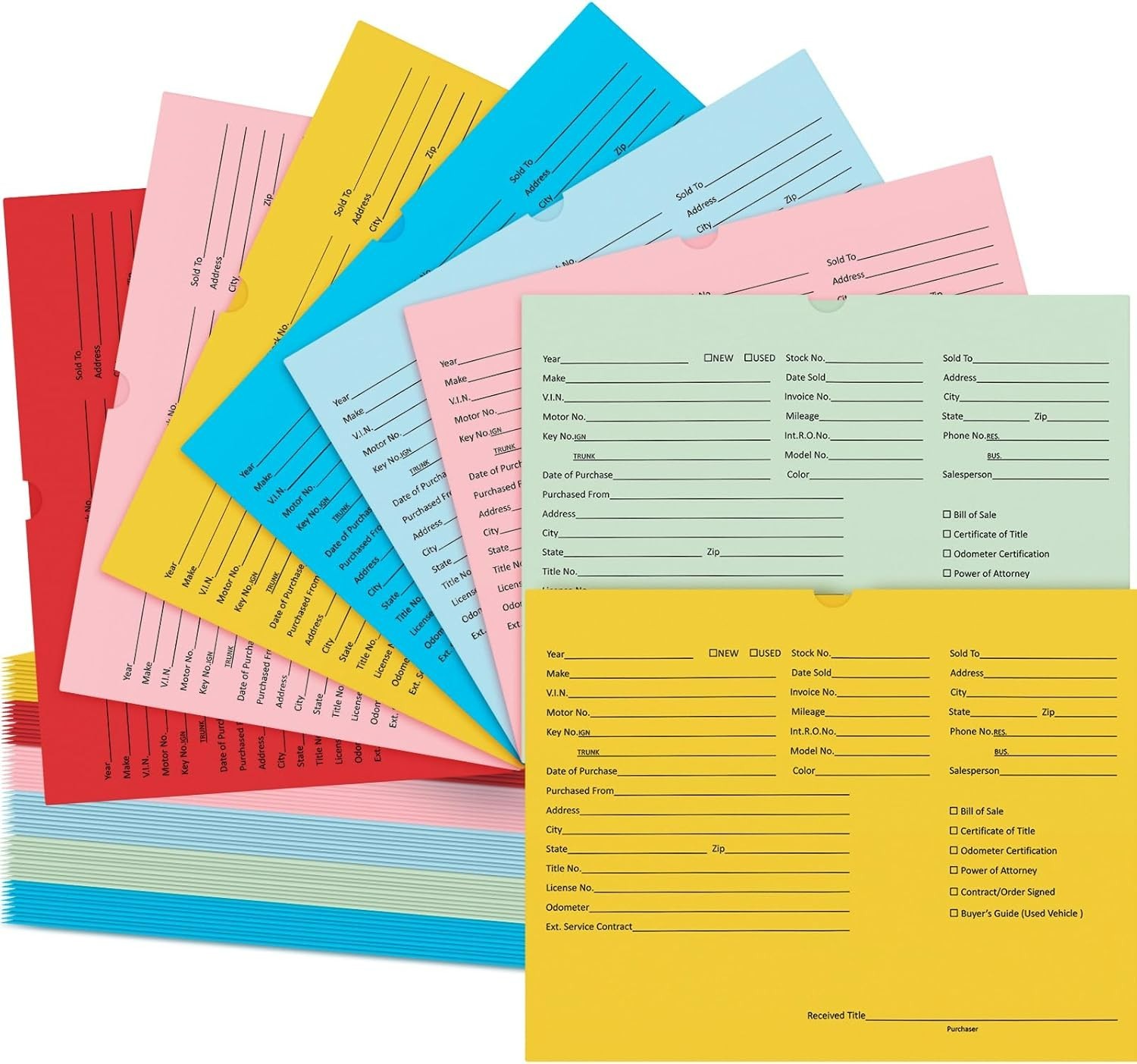 120 Pcs Colorful Vehicle Dealer Jackets for Car Dealerships, 9×12 Inch