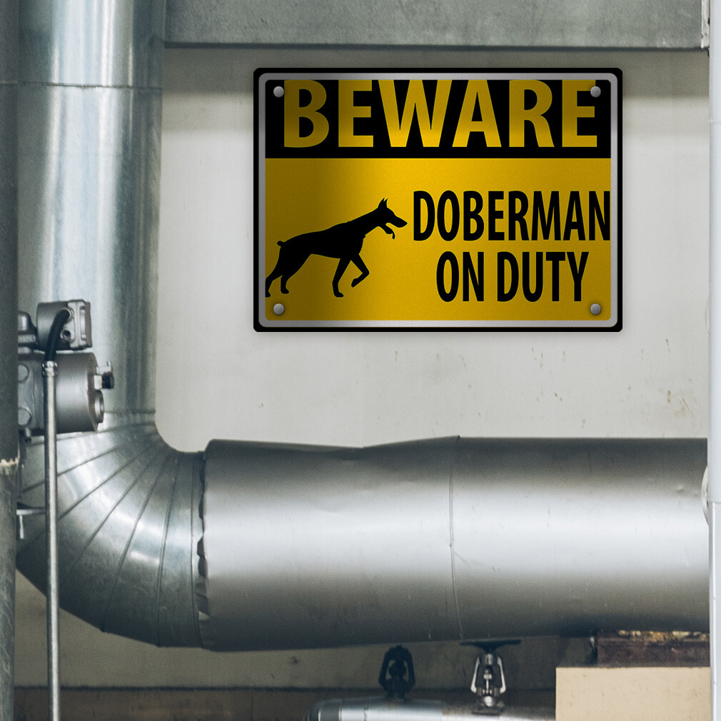 Horizontal Metal Sign Beware Doberman on Duty Weatherproof Street Signage