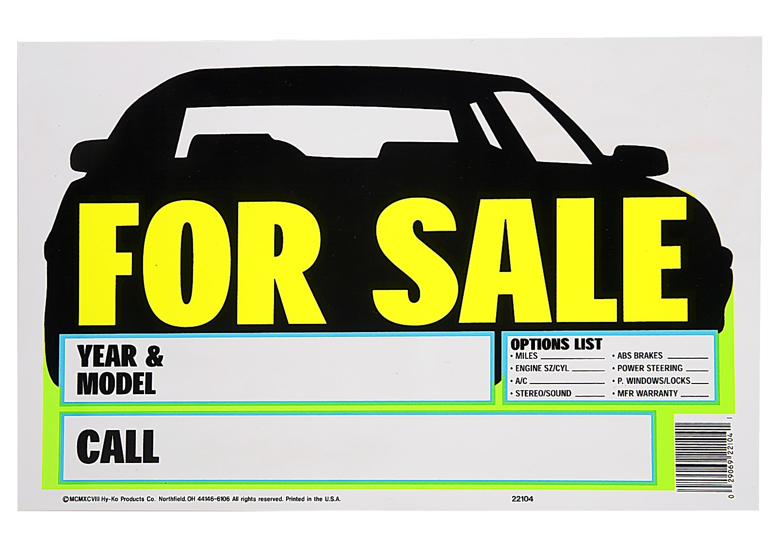CAR FOR SALE Sign 9&Prime; x 14&Prime; Windshield window bRiGhT Yellow Plastic HY-KO 22104