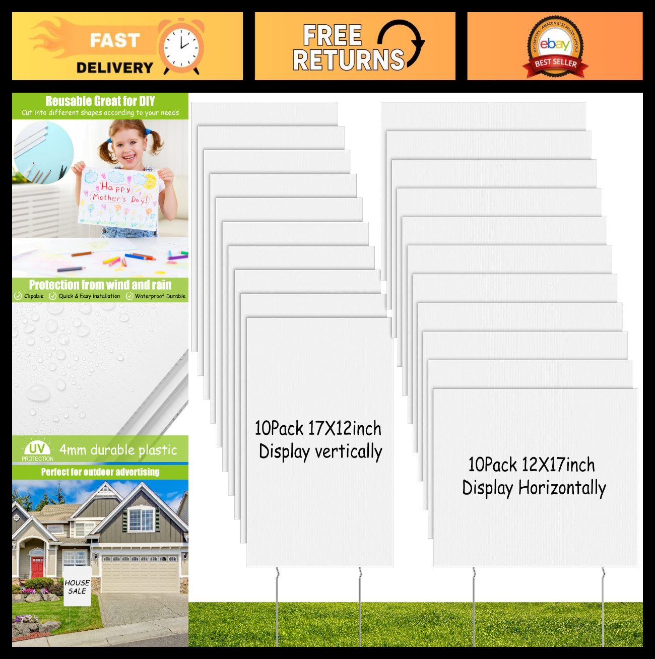 20 Pack Blank Yard Signs 17×12 Inch Double-Sided Plastic with Stakes for Events