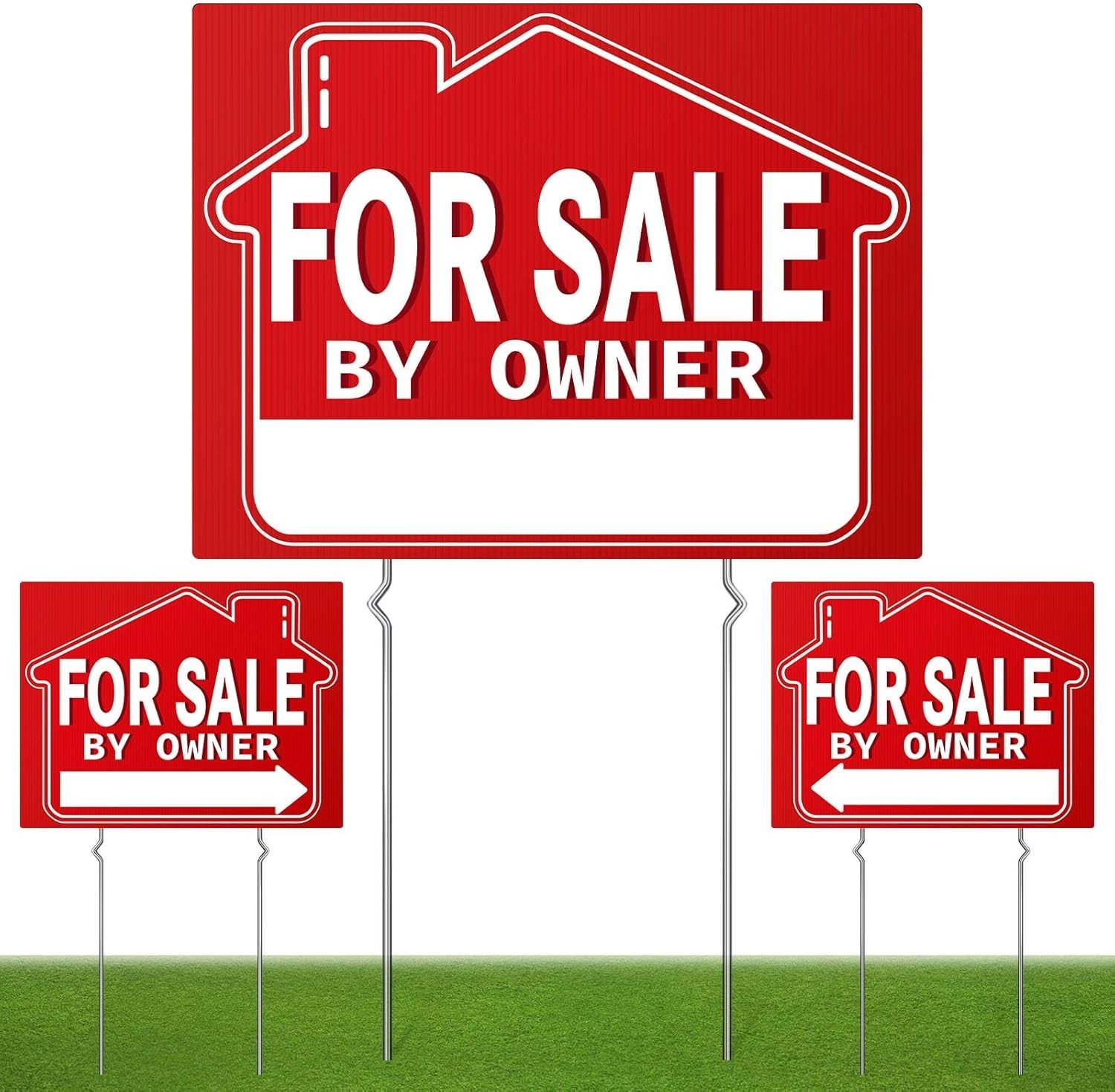 For Sale By Owner Yard Sign 3 Pack 18X14 Double-Sided Signs with Metal Stakes