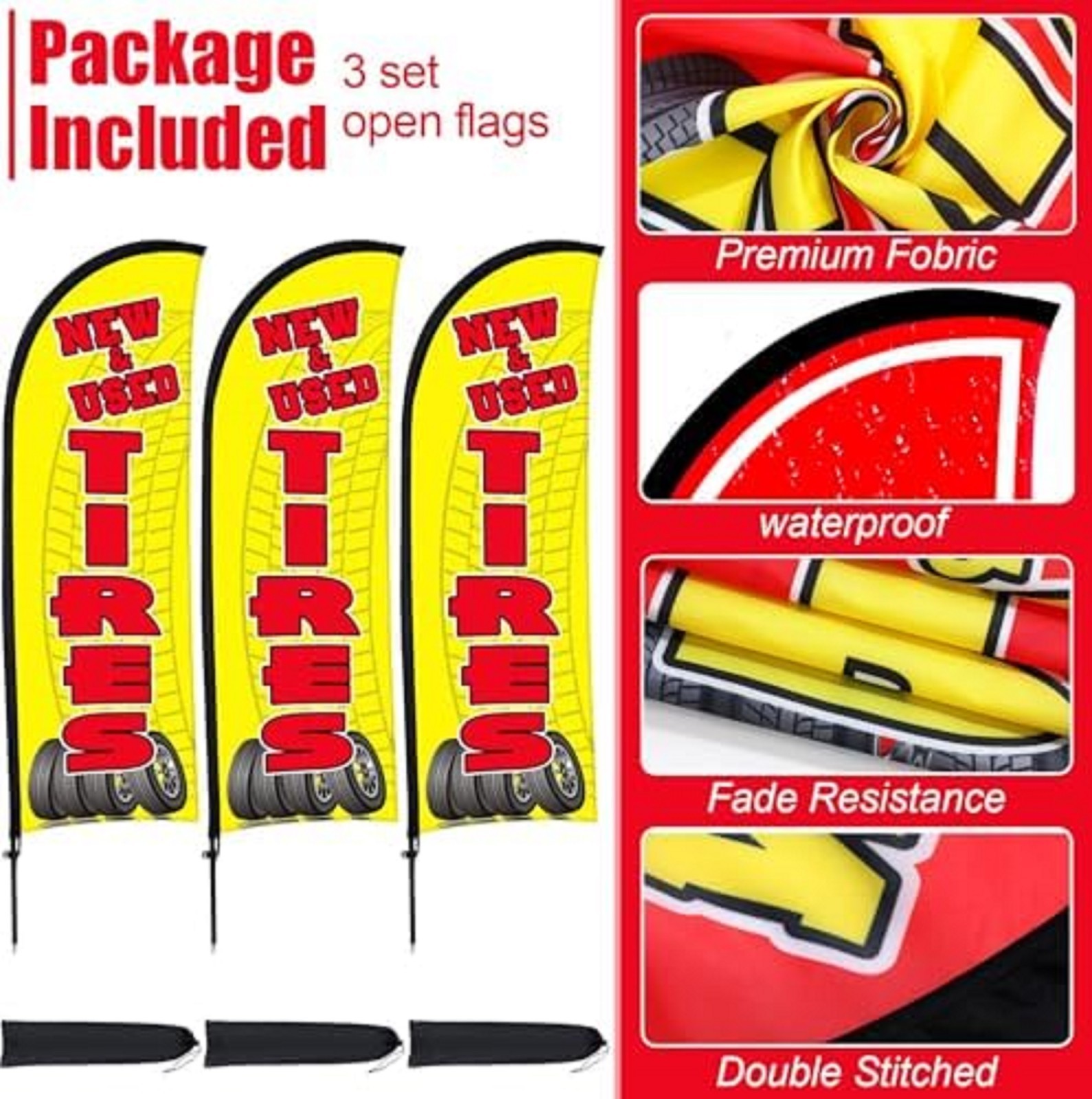 3 Sets Tires Shop Feather Flags with Poles 7Ft New and Use Tires Flags for Busin