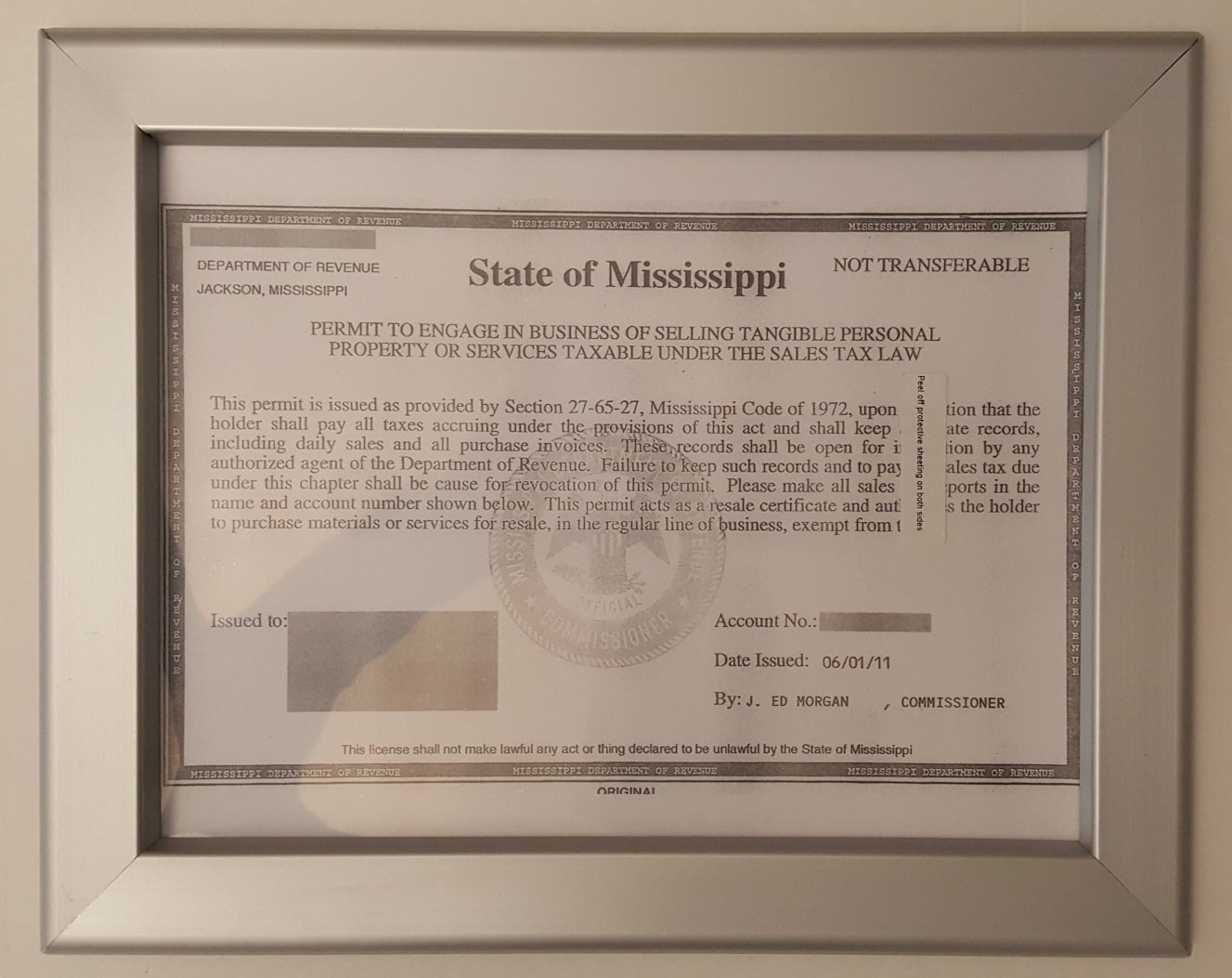 Business License Certificate Frame state of Mississippi 8.5 x 11