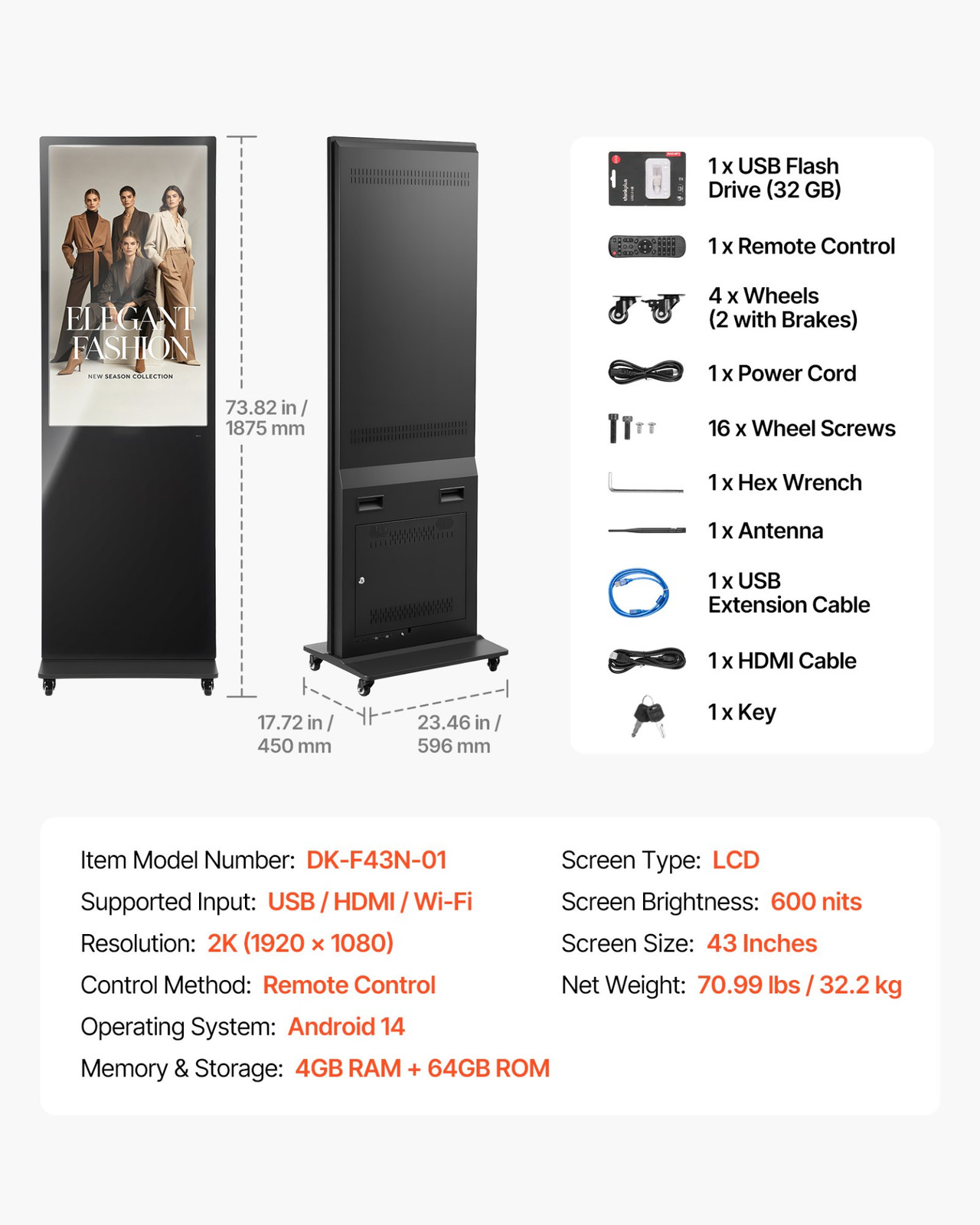 43&Prime; Digital Signage Kiosk Floor Stand Android LCD Advertising Display WiFi