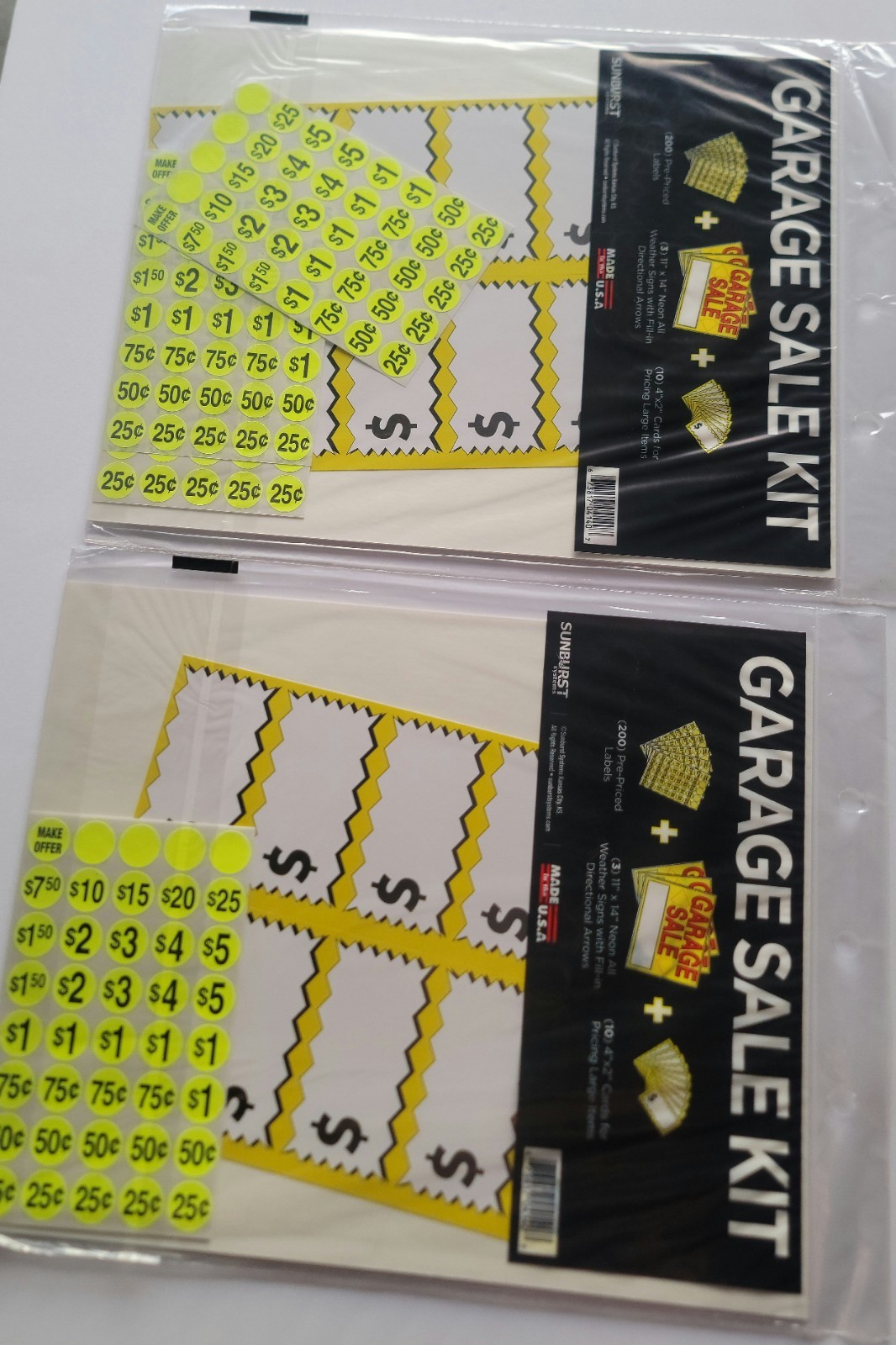 Garage Sale Kit: 3 YARD SIGNS, 600 PRICED STICKERS, 15 LARGE LABELS, LOT OF 2.