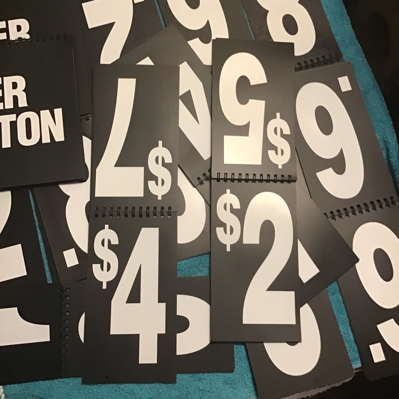 White BLACK Spiral flip book Numbers Words Signage Prices sign 0-9 $ count 14