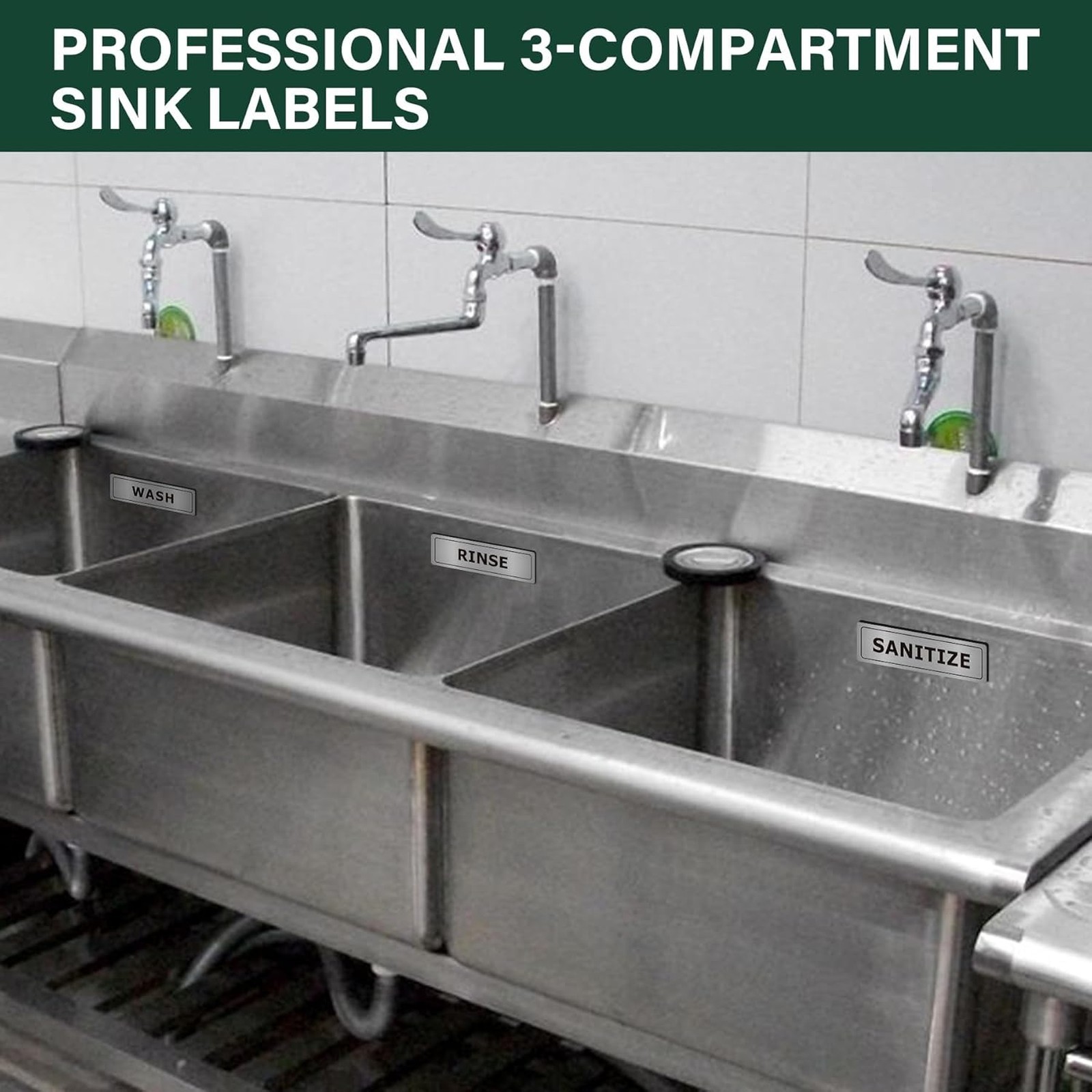 Bilingual Sink Labels Brushed Aluminum for Commercial Kitchen 3 Compartment Wash